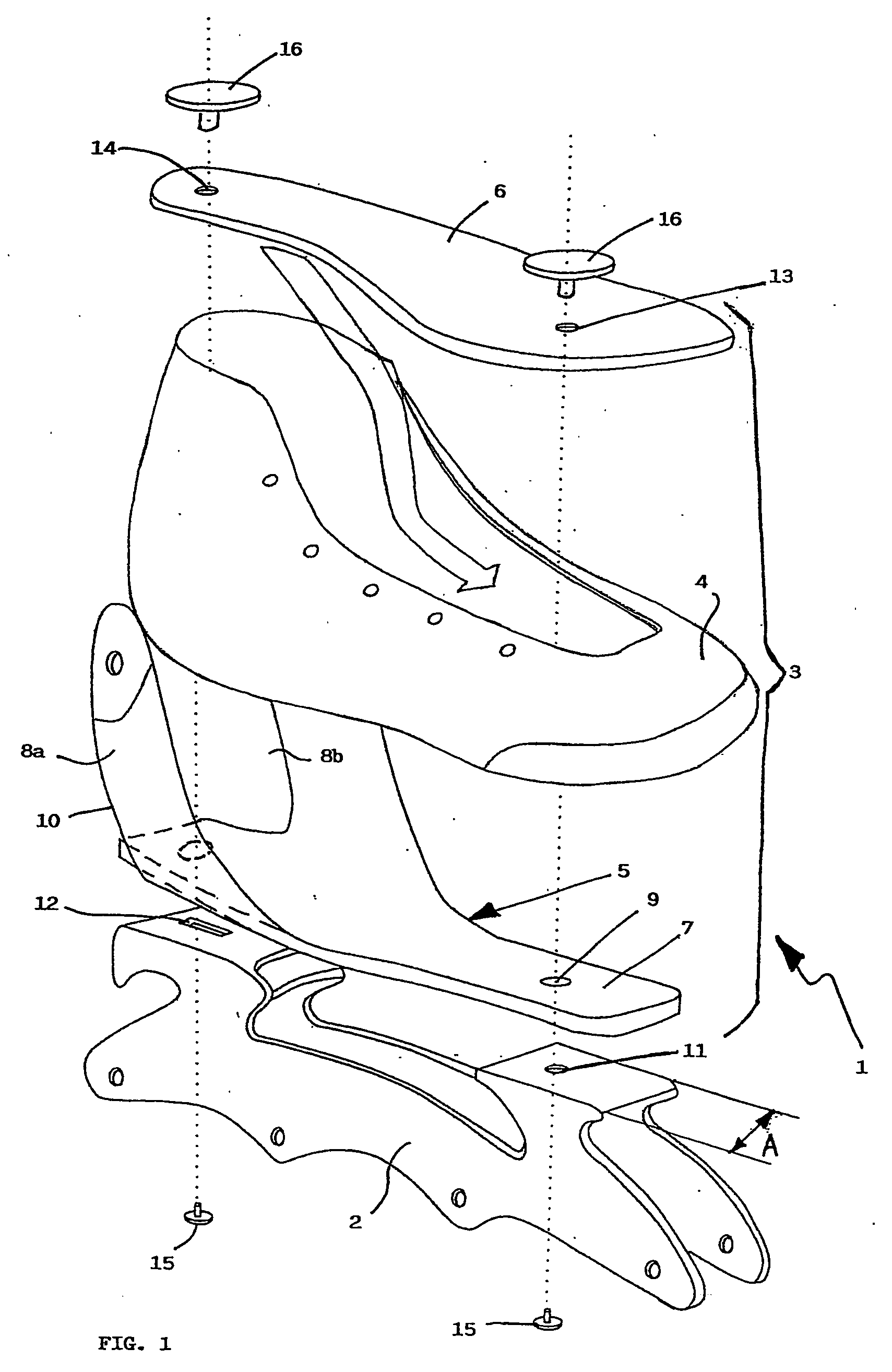 Structure of a sports footwear for roller skates or ice skates
