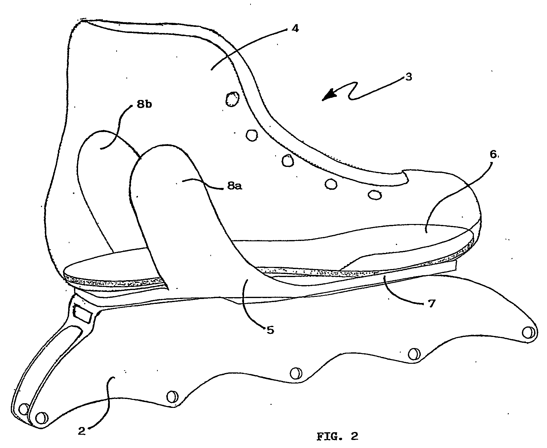 Structure of a sports footwear for roller skates or ice skates