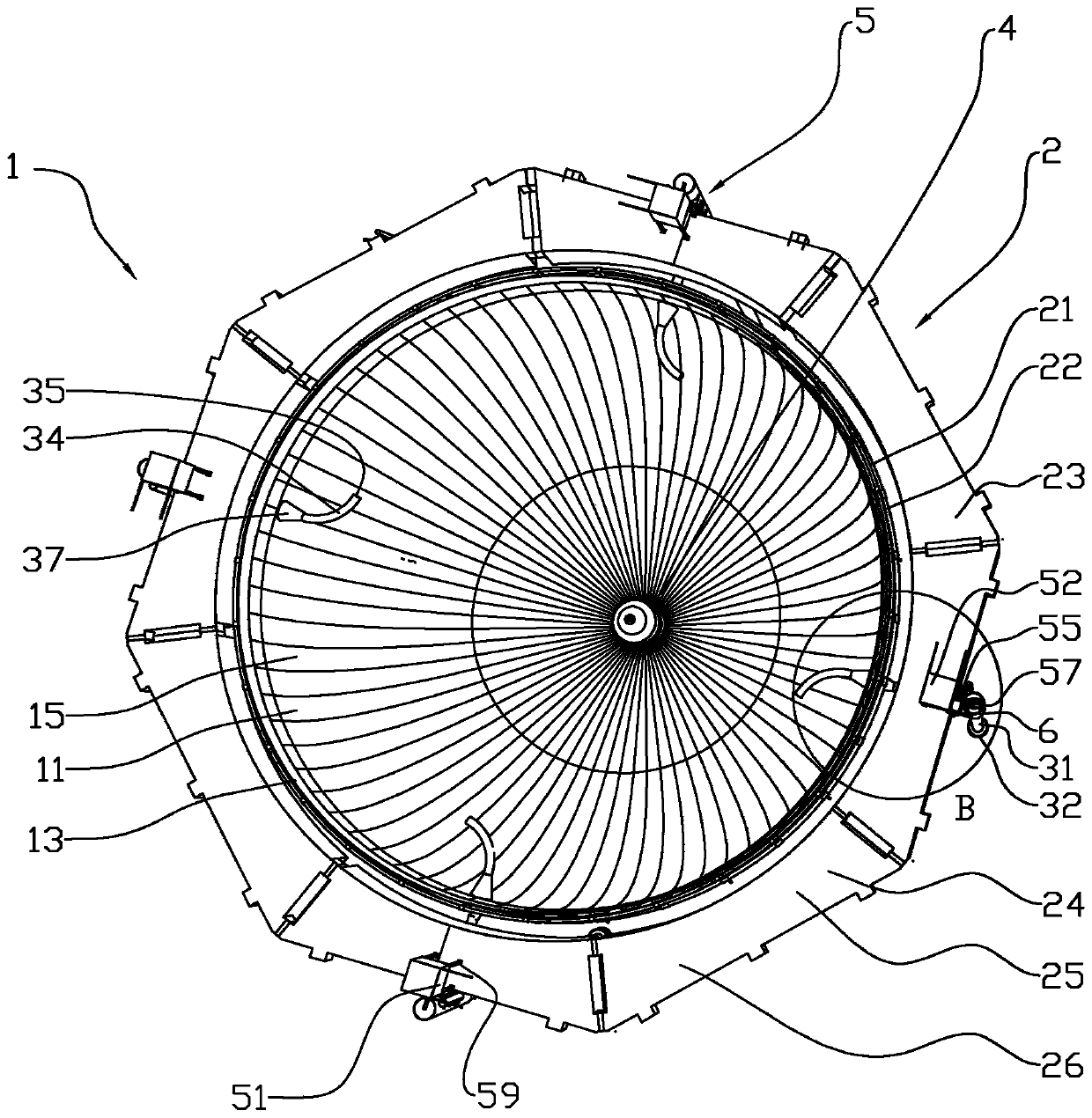 Feeding device for a closed pen and method for distribution of feed in a closed pen