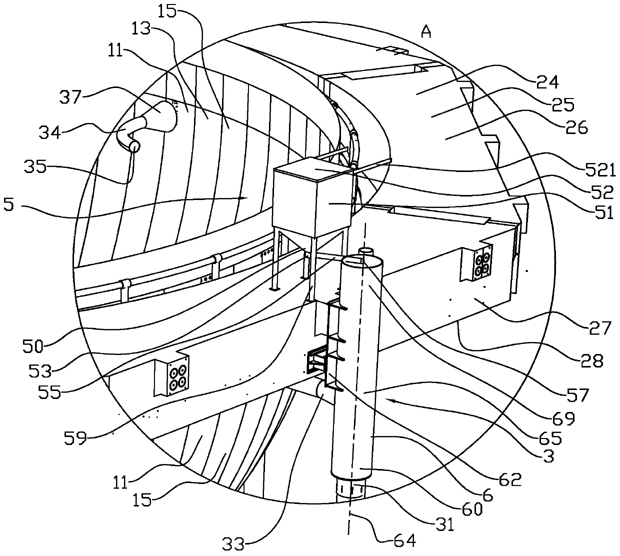 Feeding device for a closed pen and method for distribution of feed in a closed pen