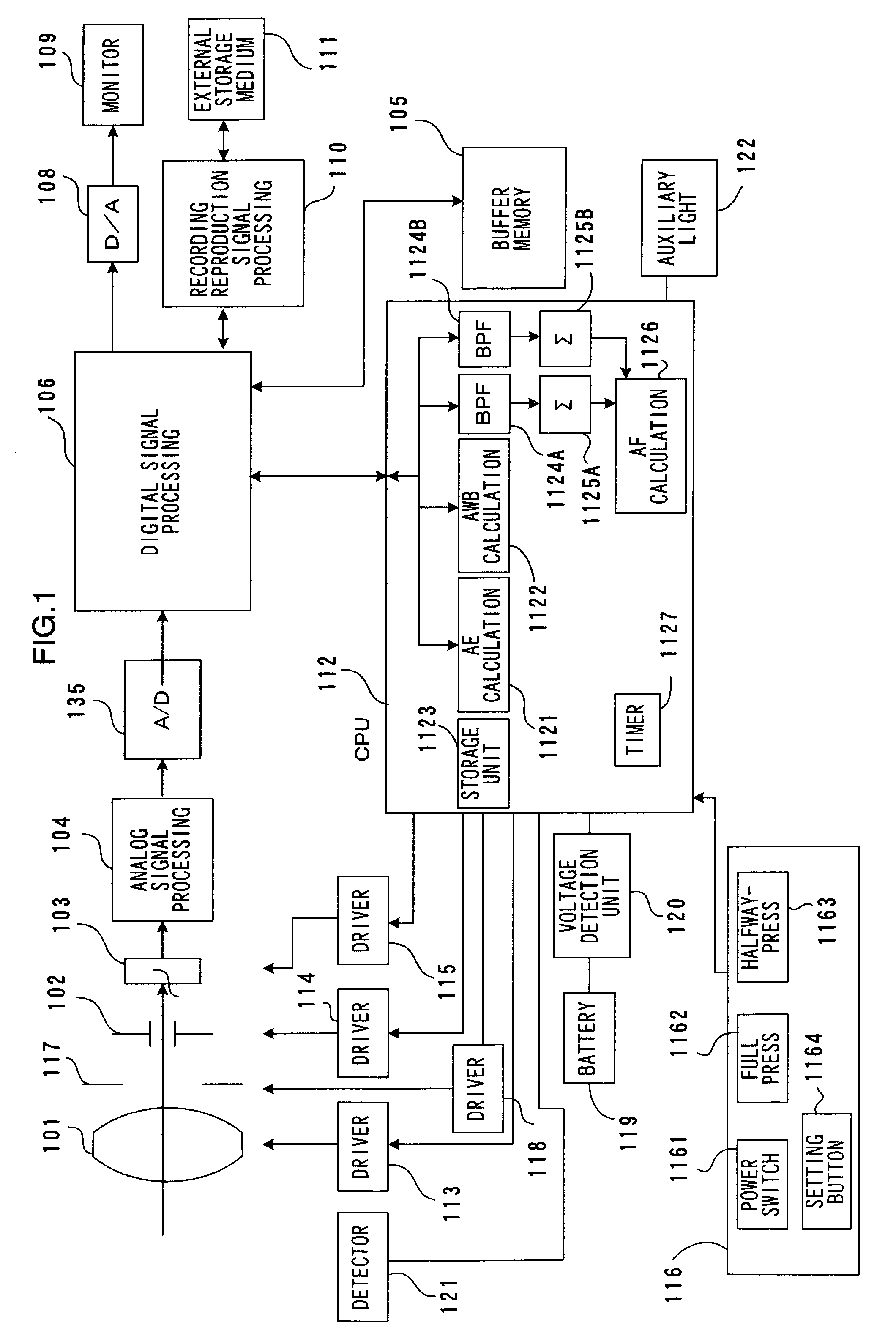 Camera that engages in a focusing operation through a contrast method