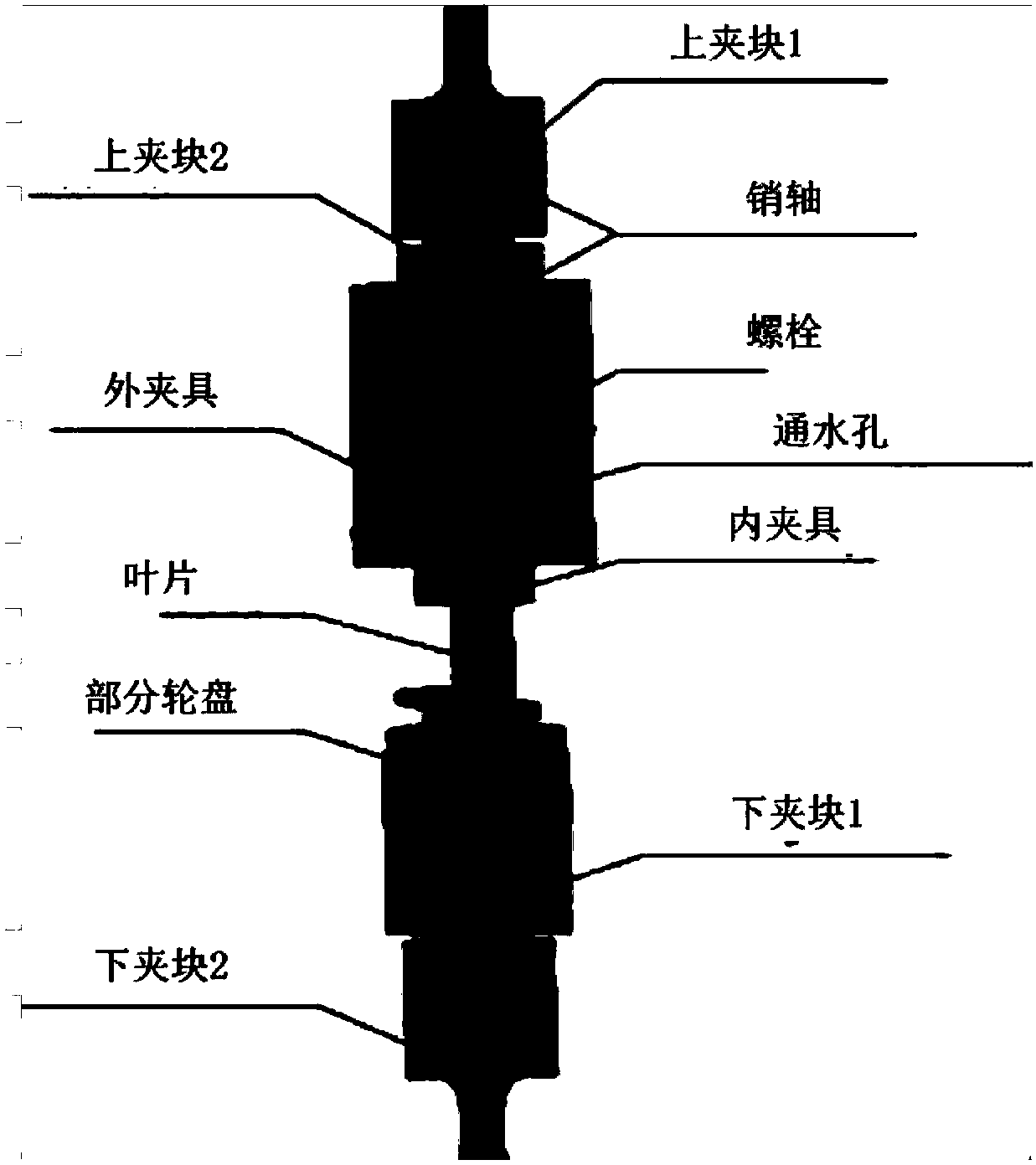High-low cycle complex fatigue test clamp for mortise-joint structure of small blade of turbine