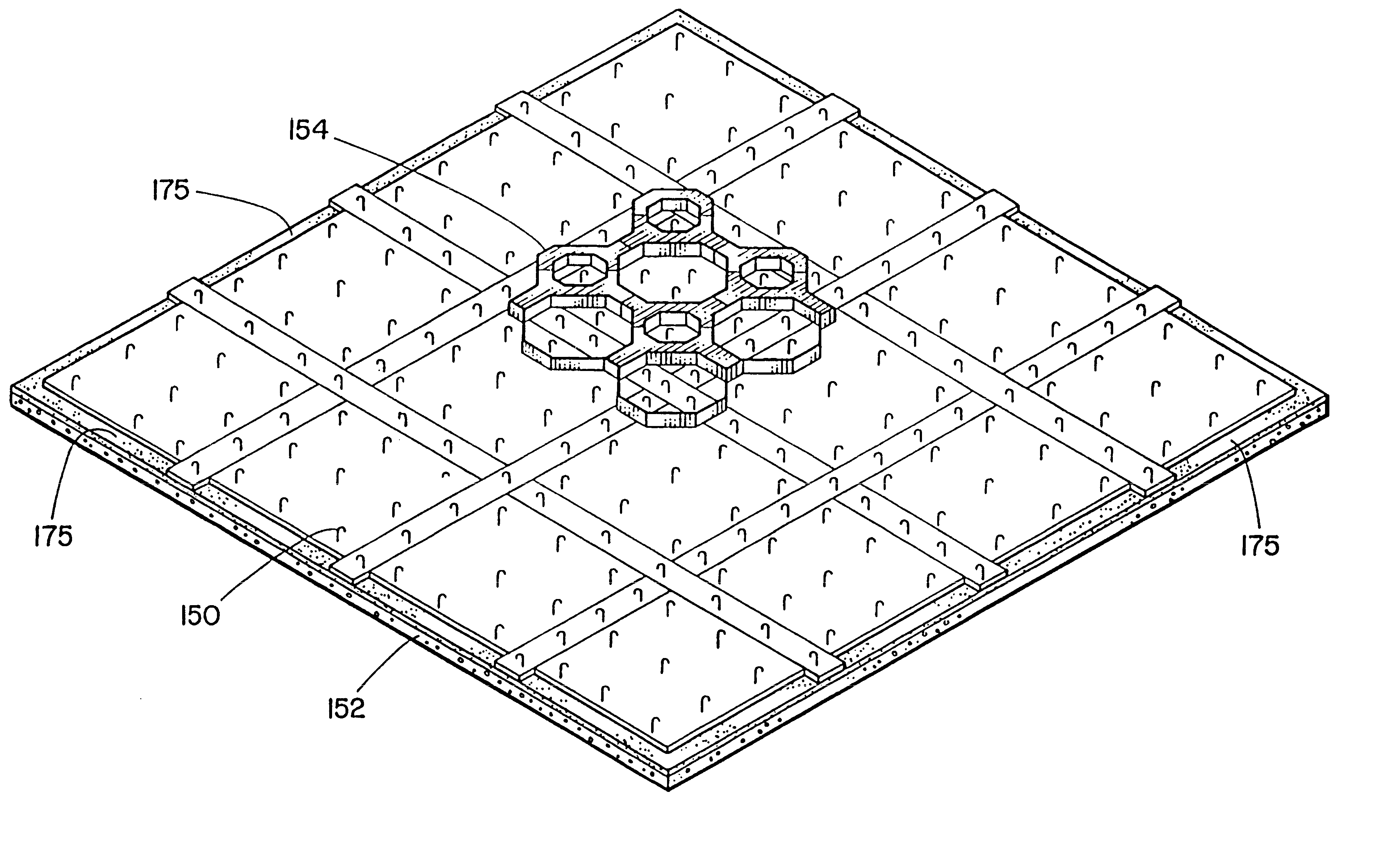 Hook and loop anchor sheet module with overlapped edges and sufficient mass to resist buckling