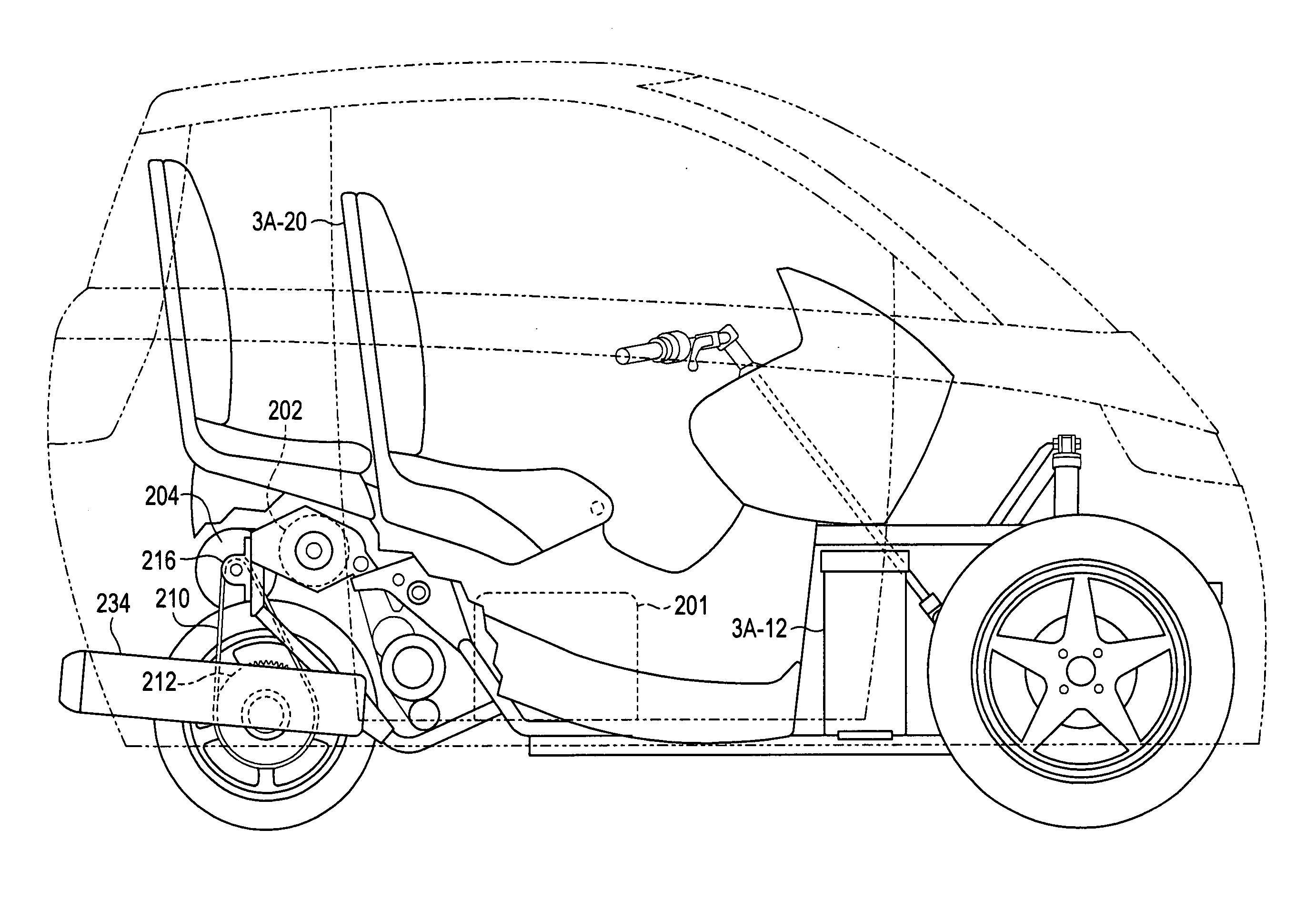Free-to-lean three-wheeled passenger vehicle, power plant controller and body therefor