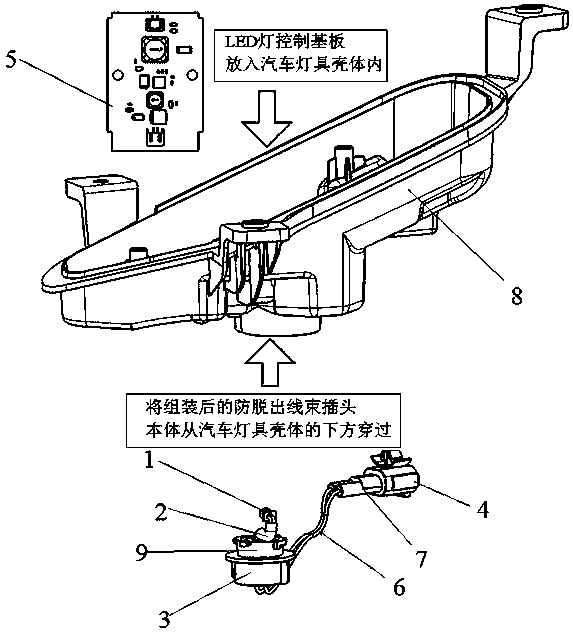 A structure and assembly method of an anti-extraction harness plug for automobile lamps