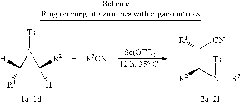 Process for the synthesis of N-substituted beta-amino nitriles through the ring opening of aziridines