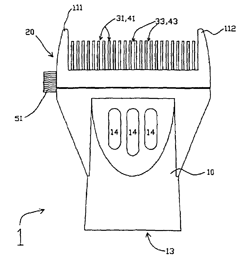 Combing device with adjustable teeth spacing