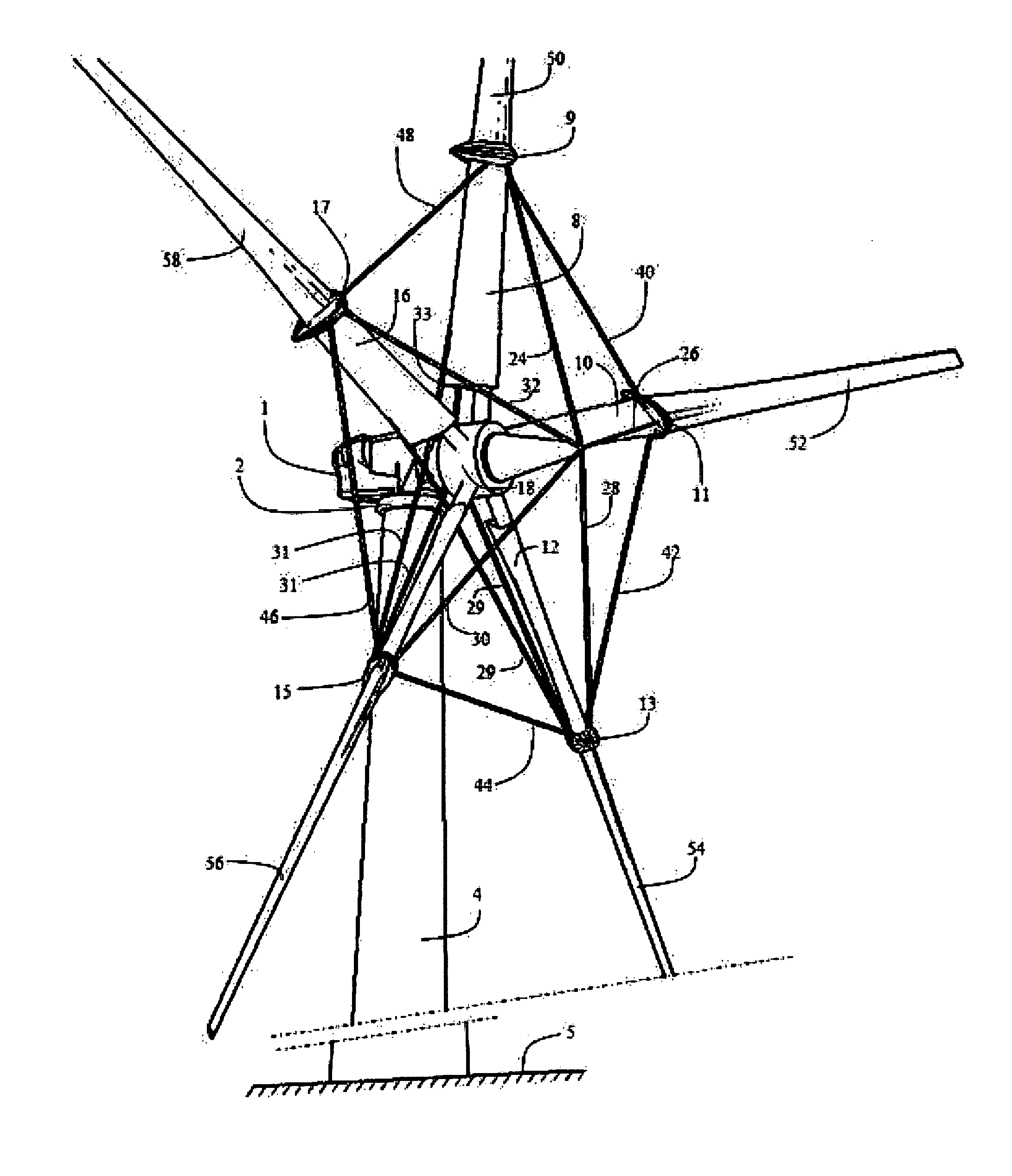 Cable-stayed rotor for wind and water turbines