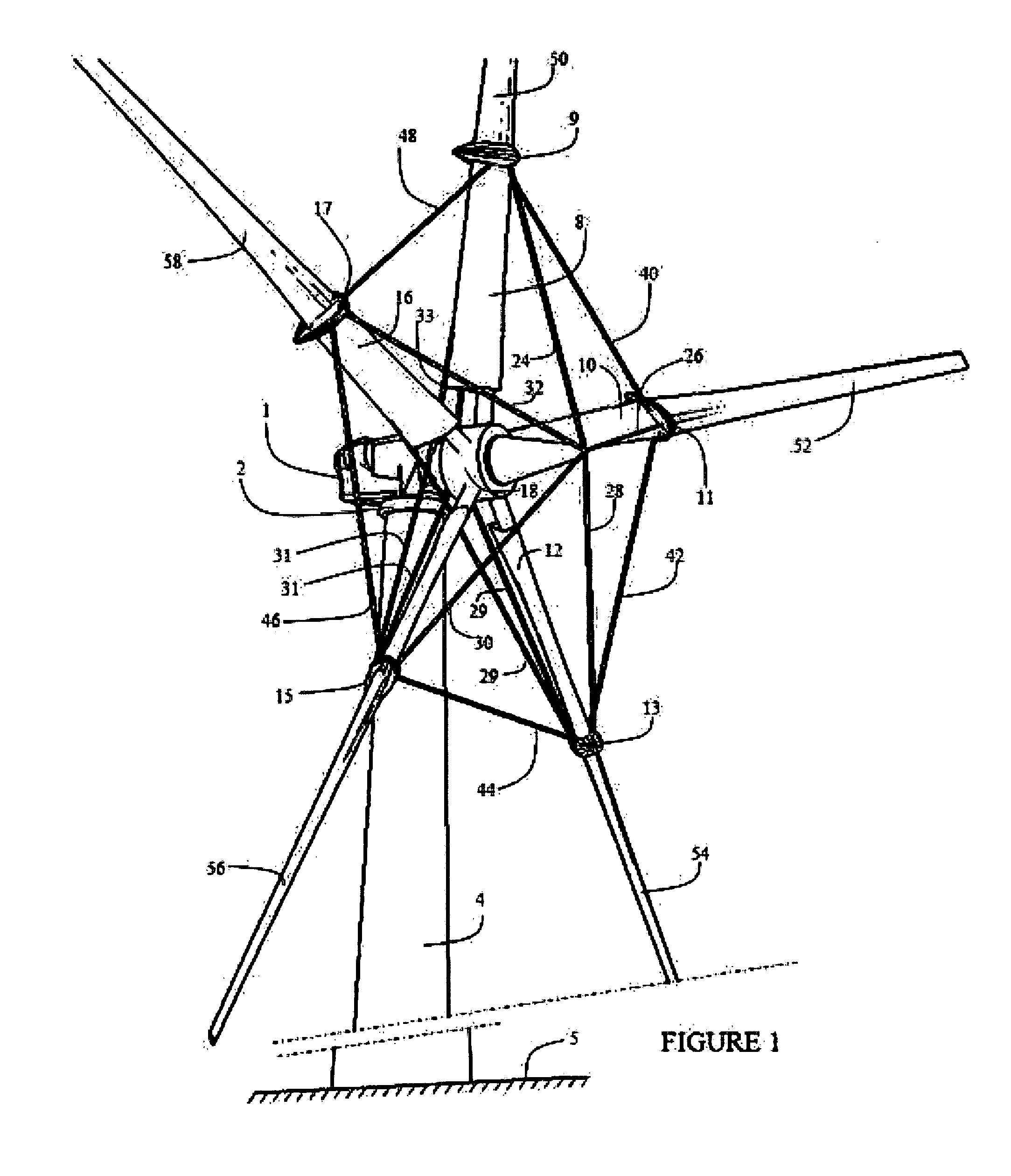 Cable-stayed rotor for wind and water turbines