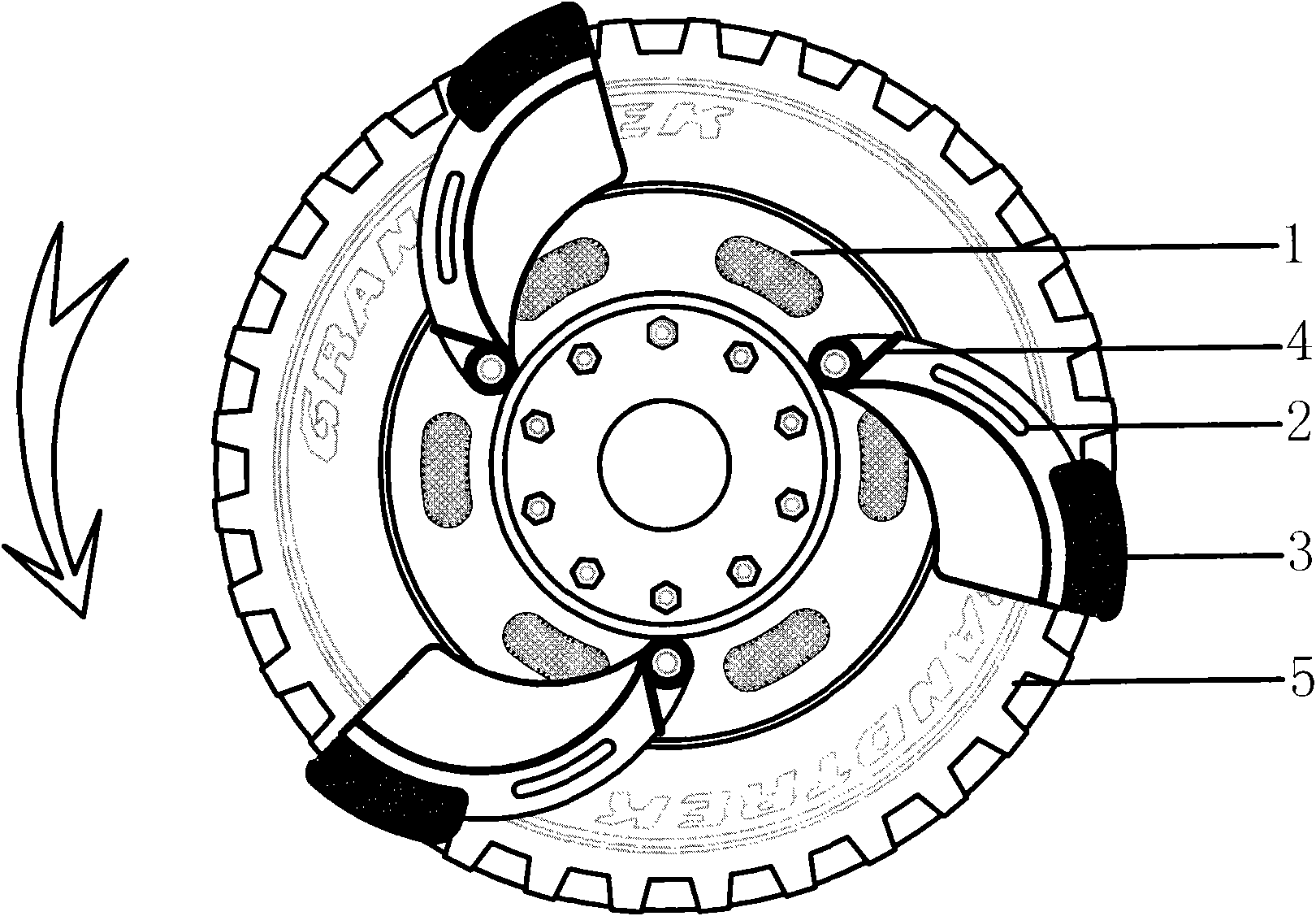 Clutch wheel disc using centrifugal boosting force for tyre burst automatic balancing