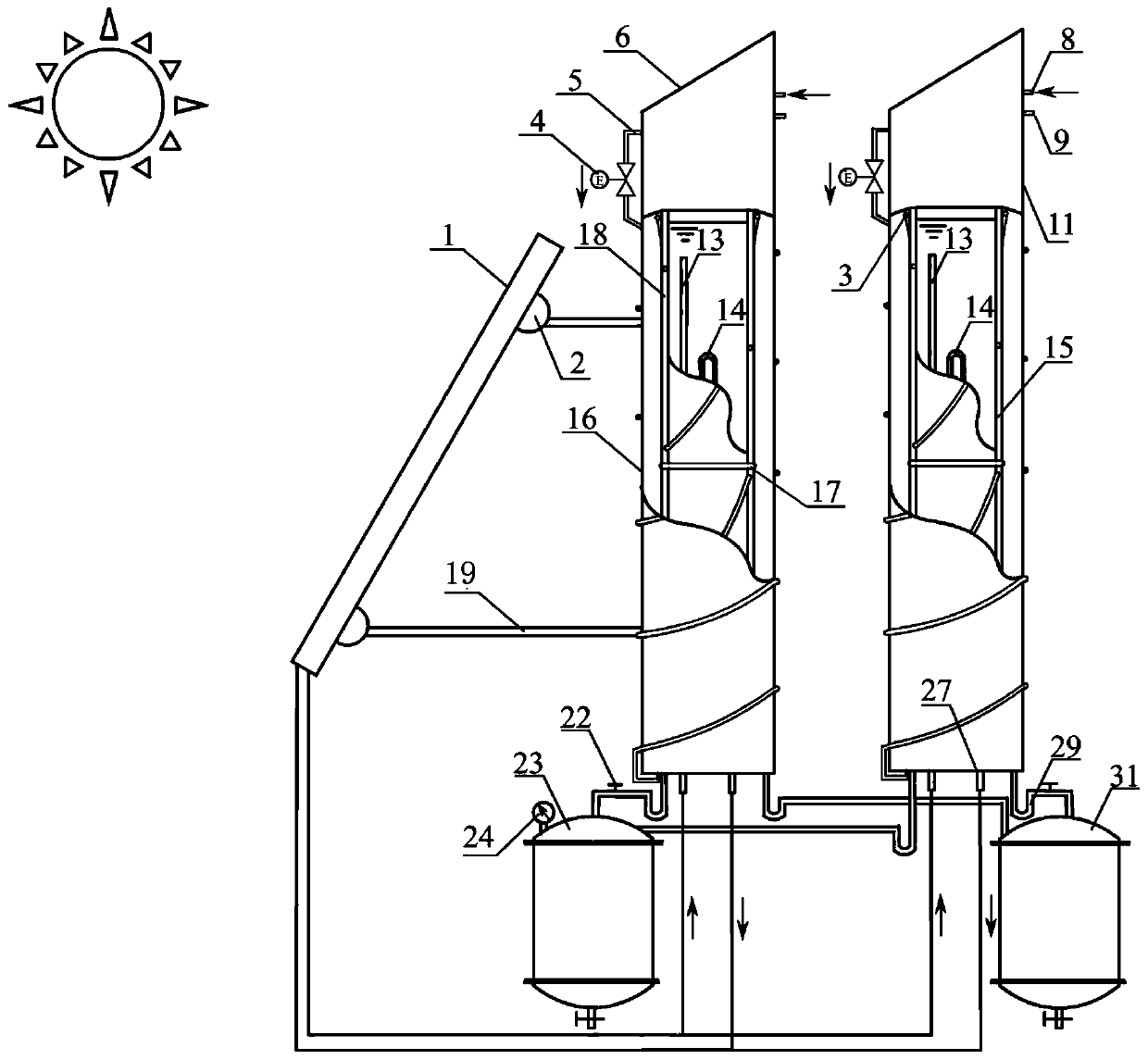 Self-gravity water inlet heat regeneration type liquid film evaporation type solar seawater distillation device