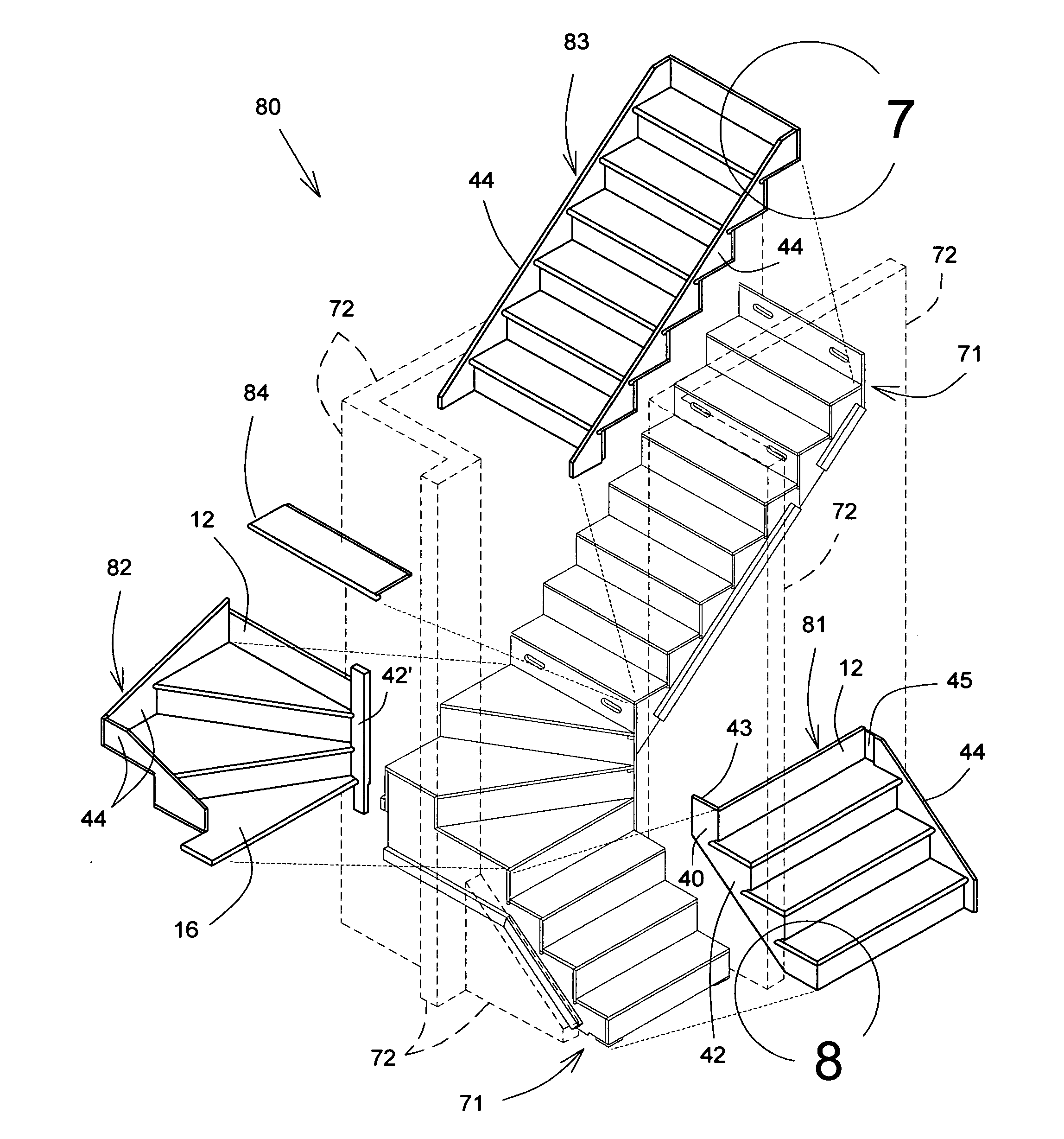 Prefabricated staircase and finishing arrangement and installation method therefor