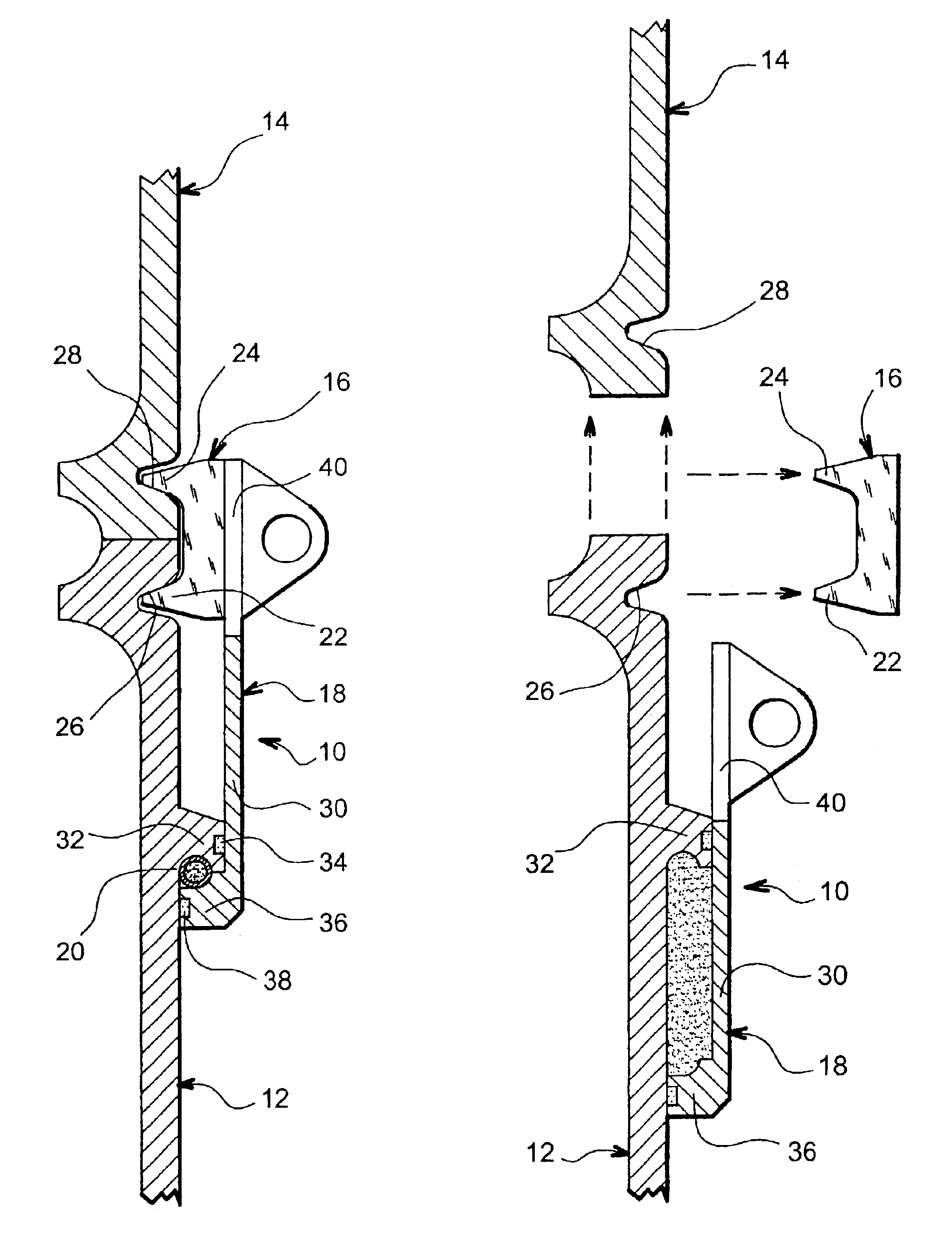 Moving part device for the temporary connection and pyrotechnic separation of two elements