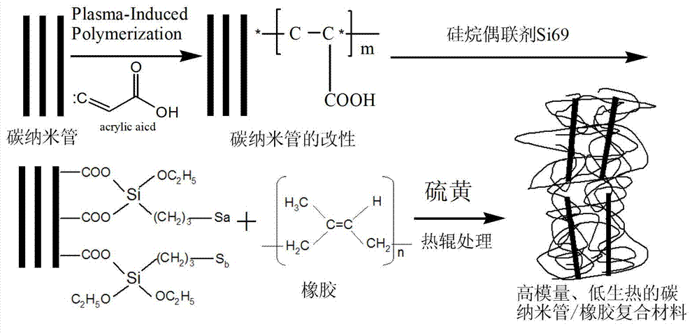 Preparation method of high-modulus low-heat carbon nano tube/ rubber composite material