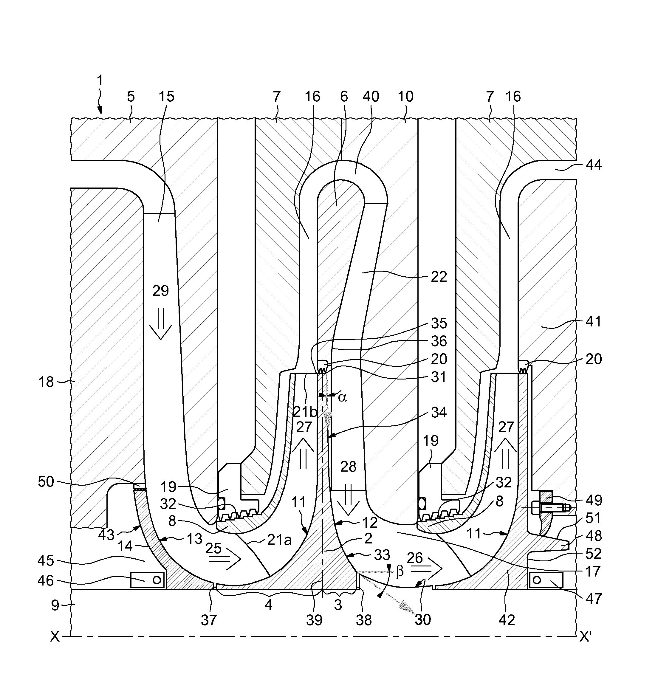 Device for generating a dynamic axial thrust to balance the overall axial thrust of a radial rotating machine