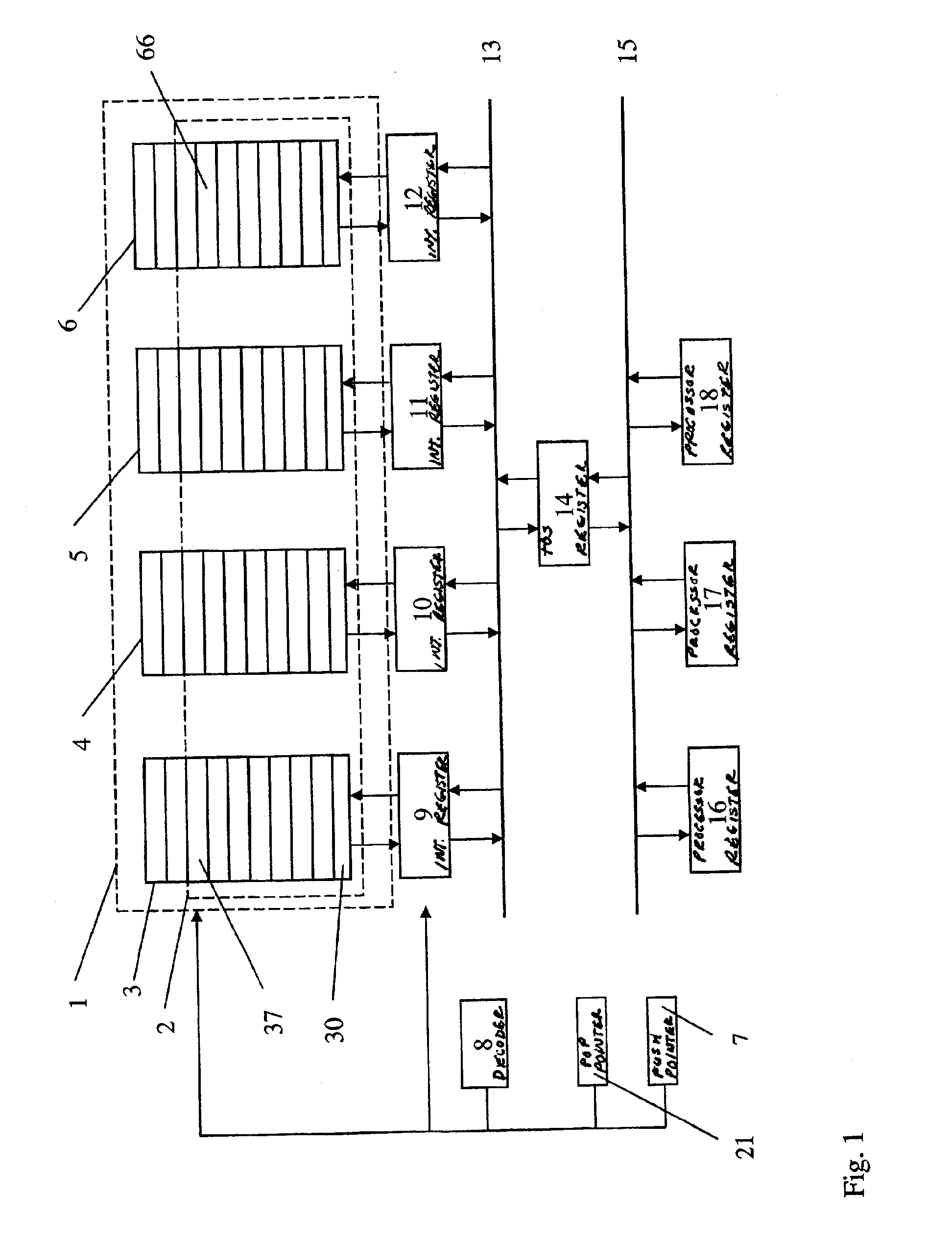 Method and arrangement in a stack having a memory segmented into data groups having a plurality of elements