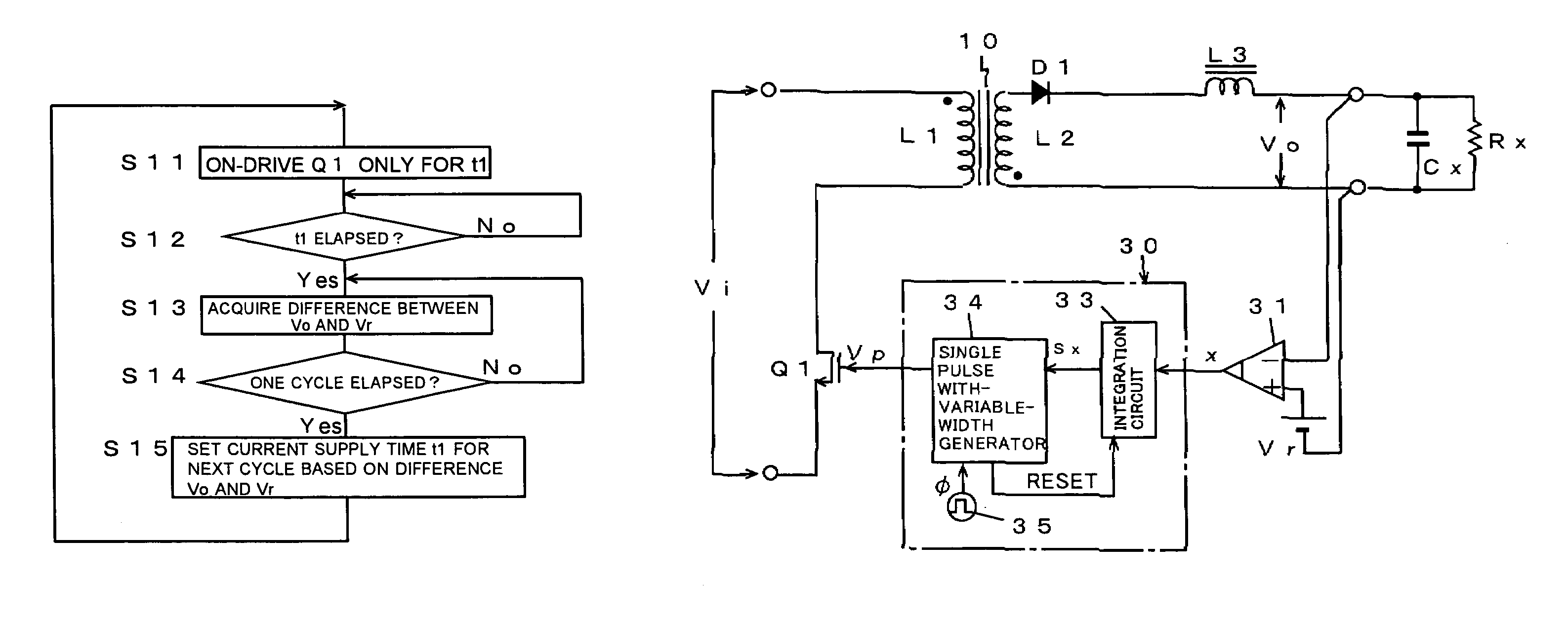Switching power source circuit for independent per cycle control of ON/OFF time ratio