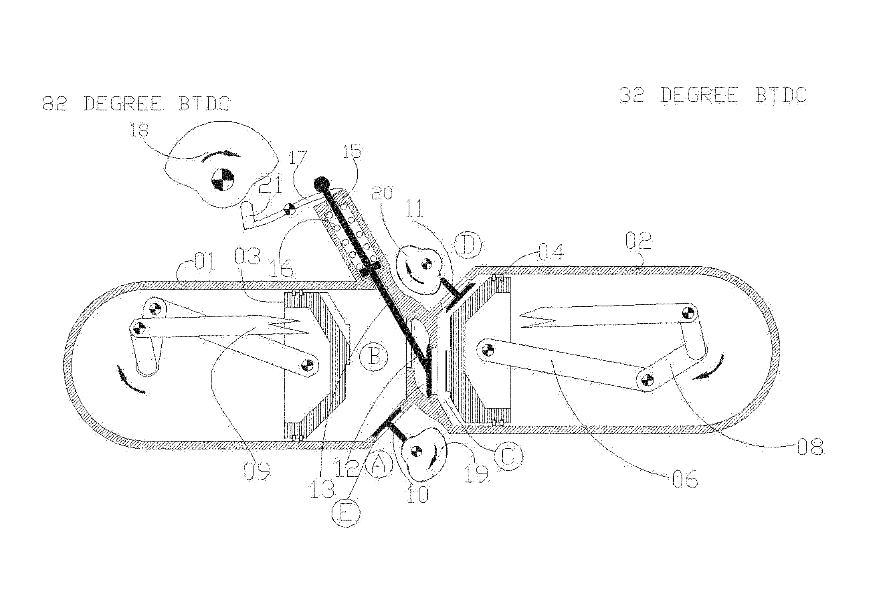 Crossover valve in double piston cycle engine