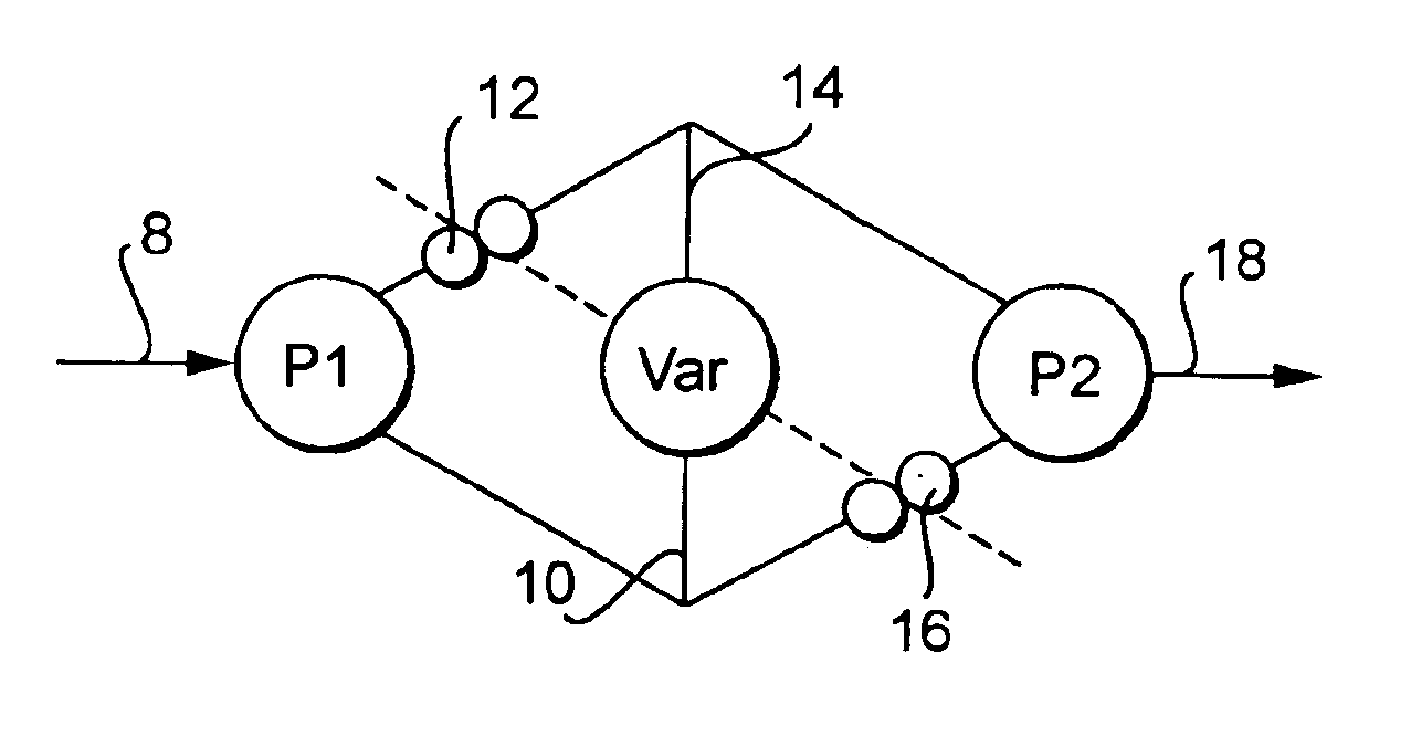 Branched power transmission having a continuously variable transmission ratio