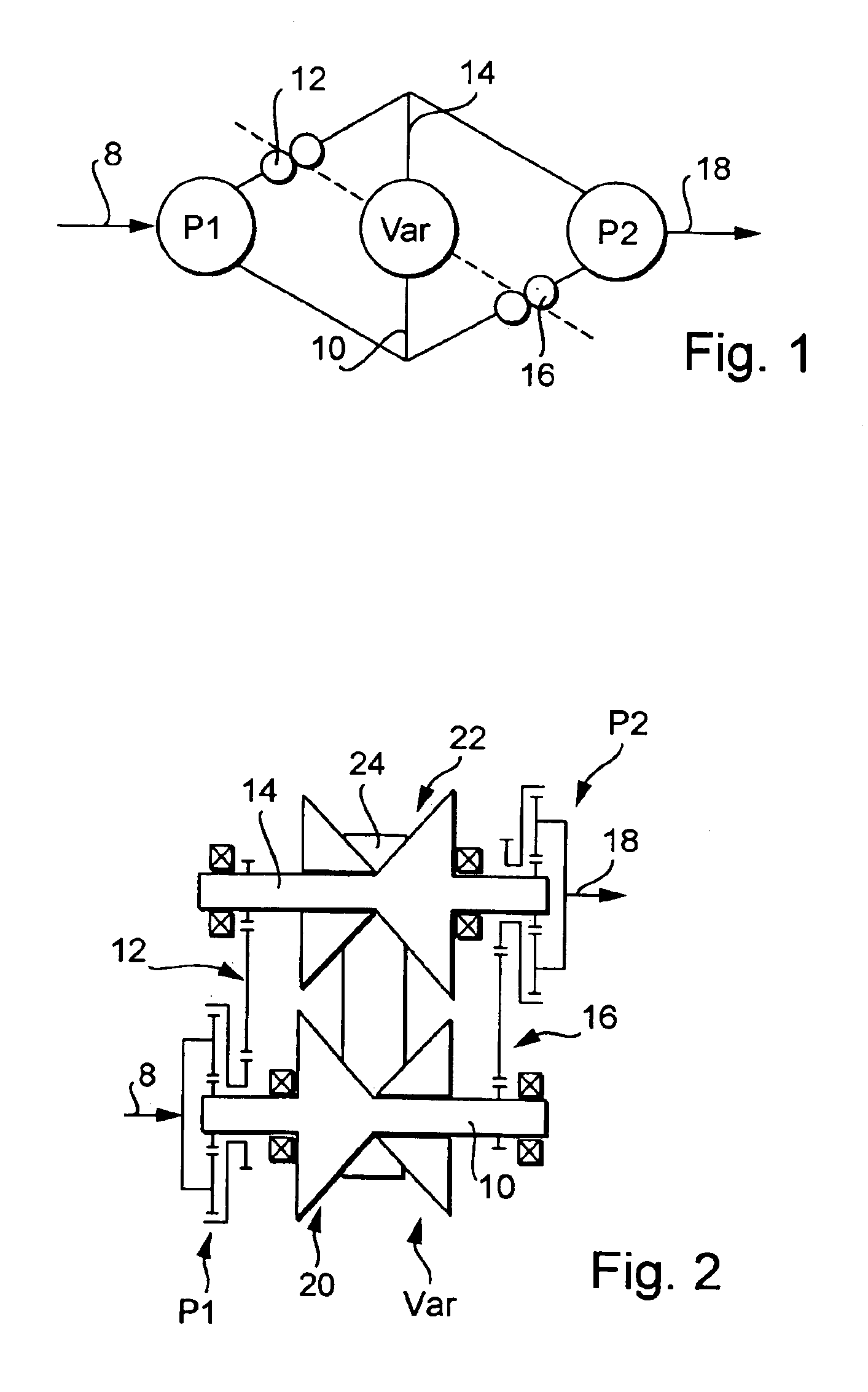 Branched power transmission having a continuously variable transmission ratio