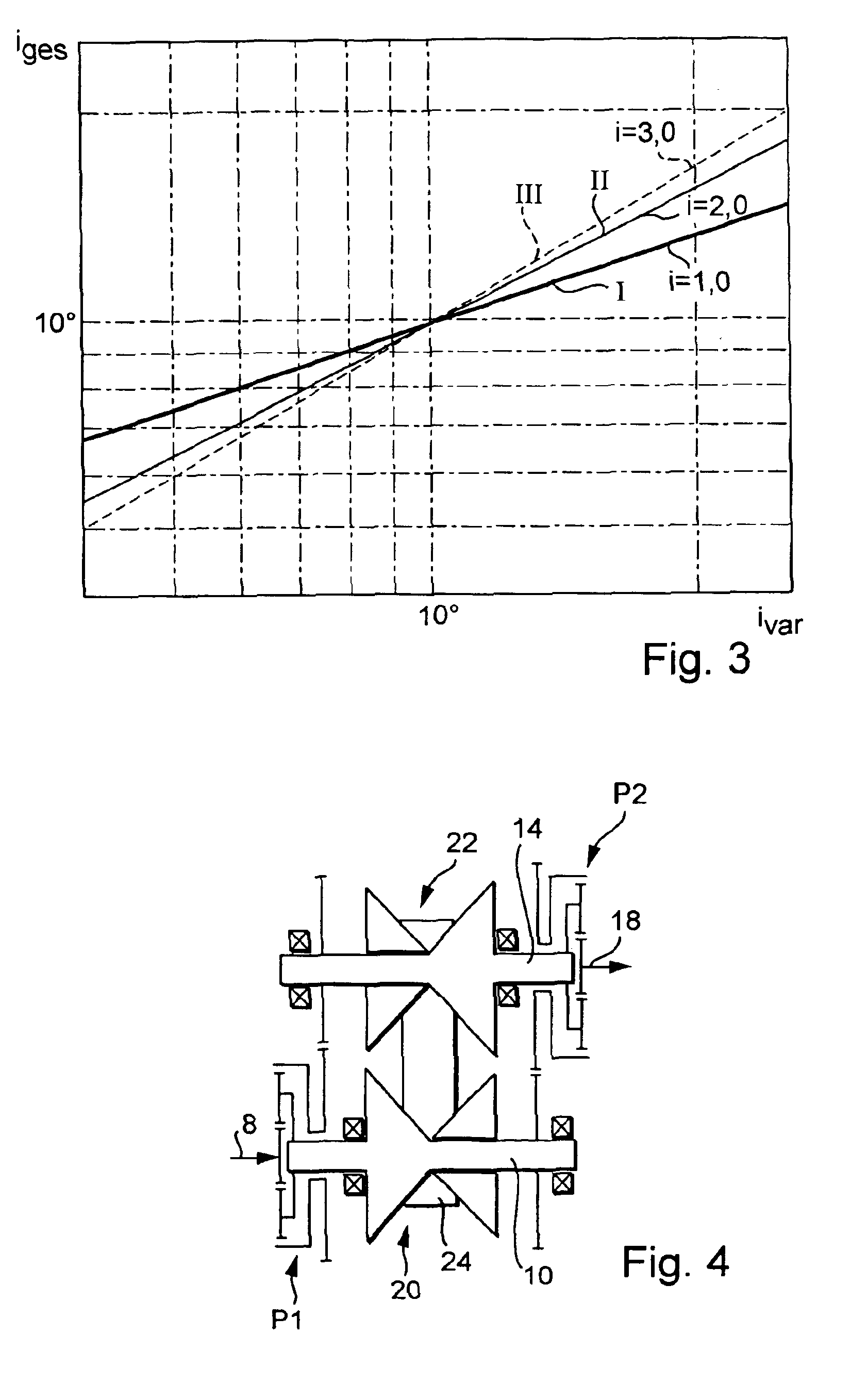 Branched power transmission having a continuously variable transmission ratio