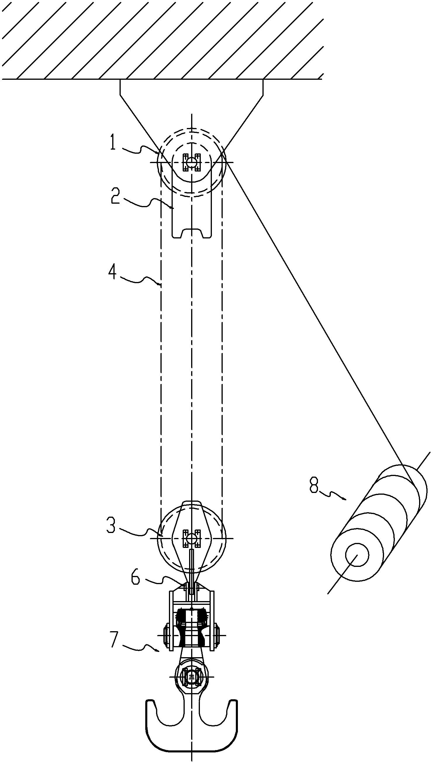 Pulley system of variable power crane hoisting hook and integrated system thereof