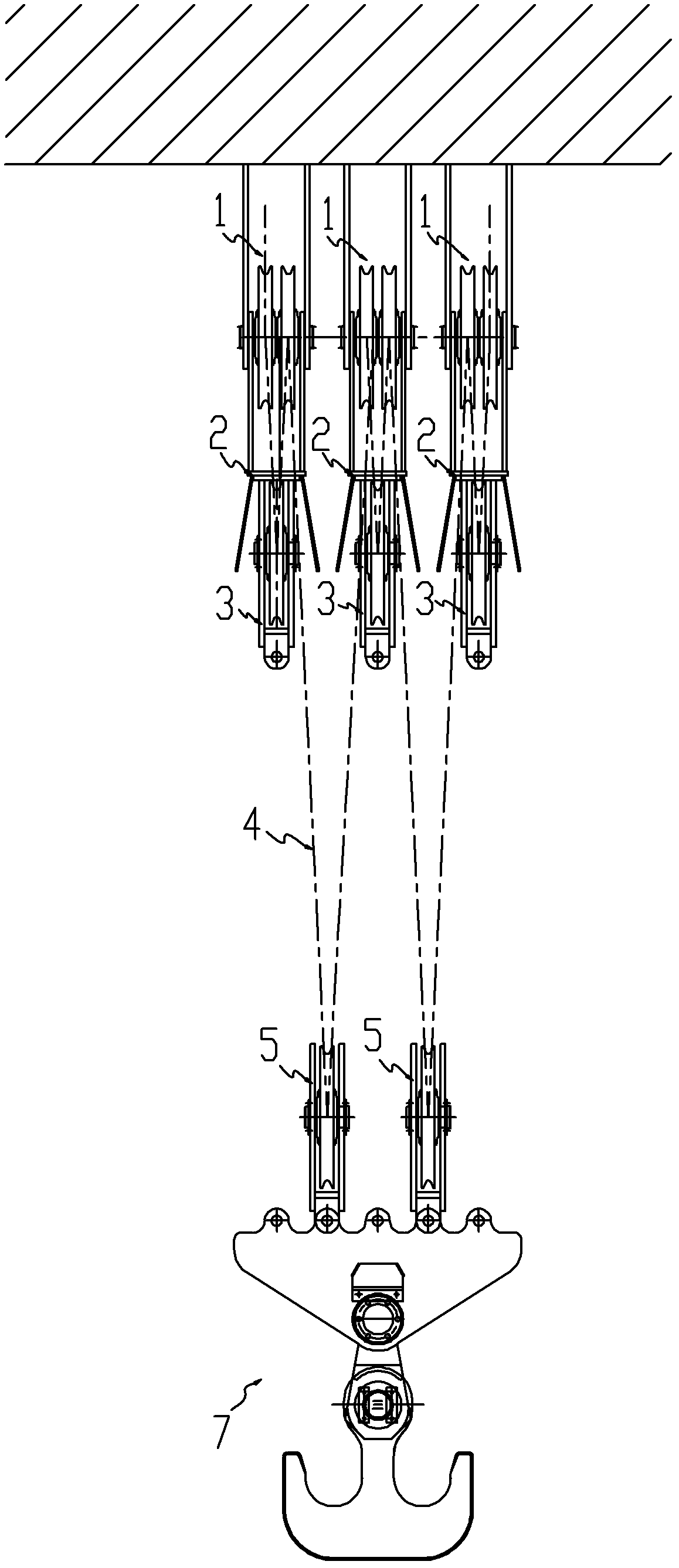 Pulley system of variable power crane hoisting hook and integrated system thereof