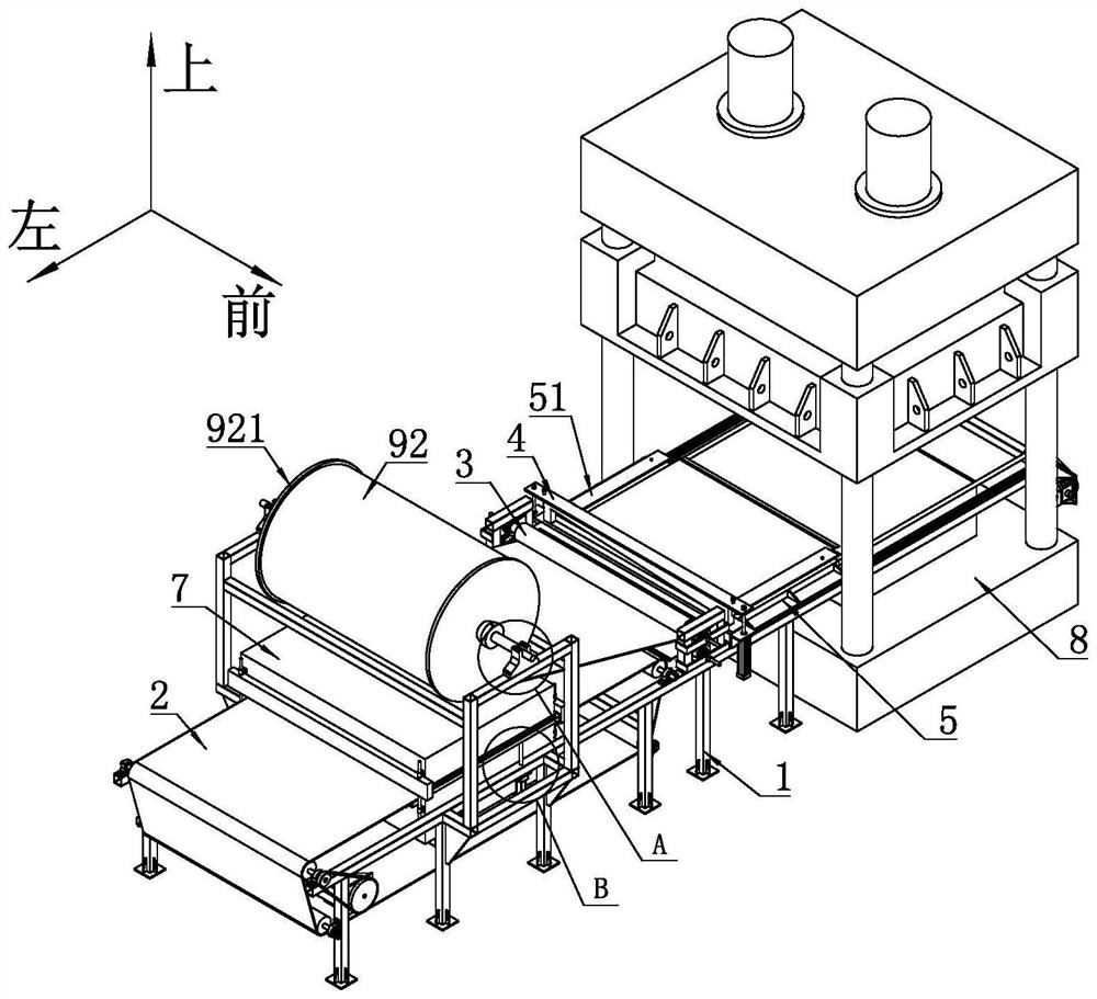 An automatic feeding device matched with a four-column press