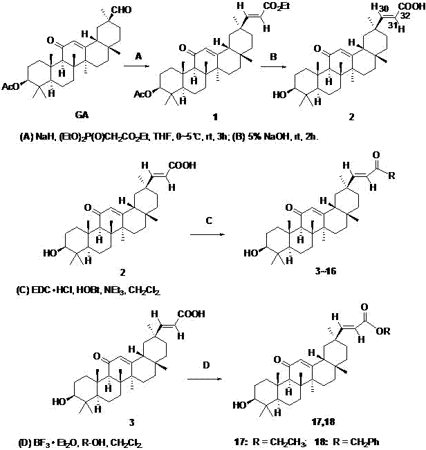 Liquorice gadoleic acid derivative as well as preparation method and application thereof