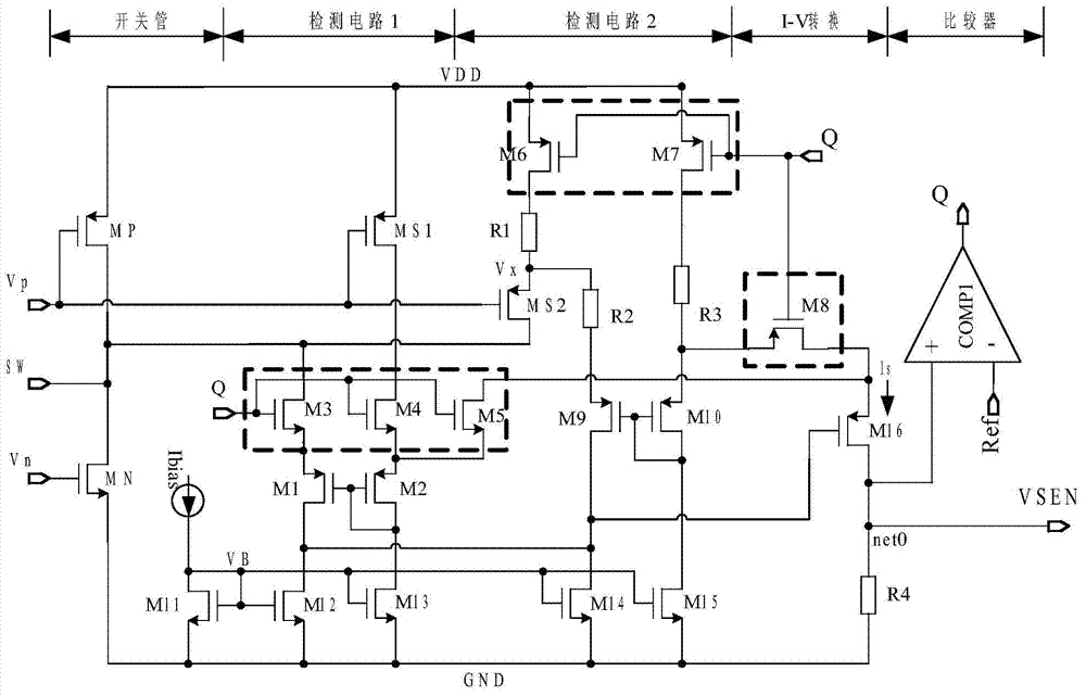 A current detection circuit and an electric current loop control circuit comprising the current detection circuit