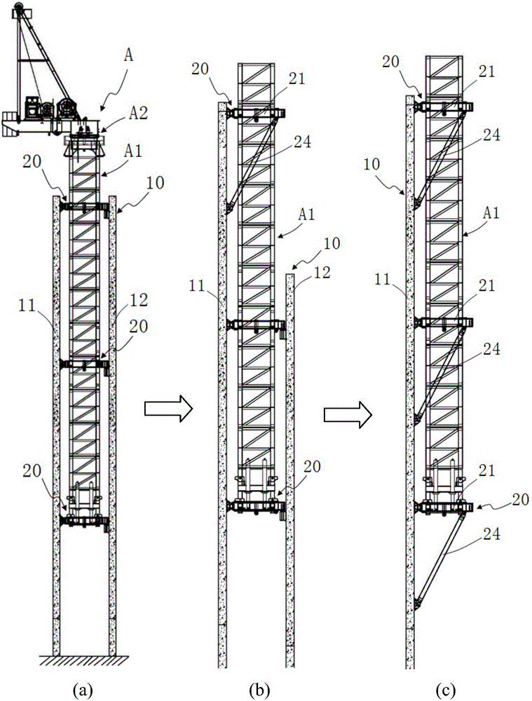 Construction method of super high-rise building large movable arm tower crane in-situ converted from inner climbing to outer hanging
