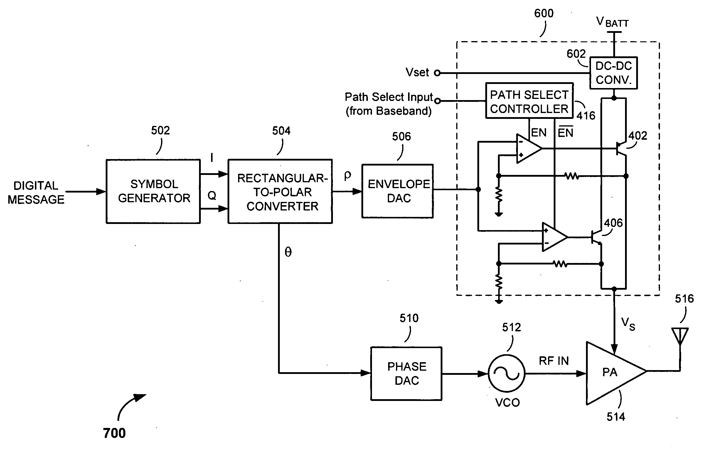 Polar modulation transmitter with envelope modulator path switching