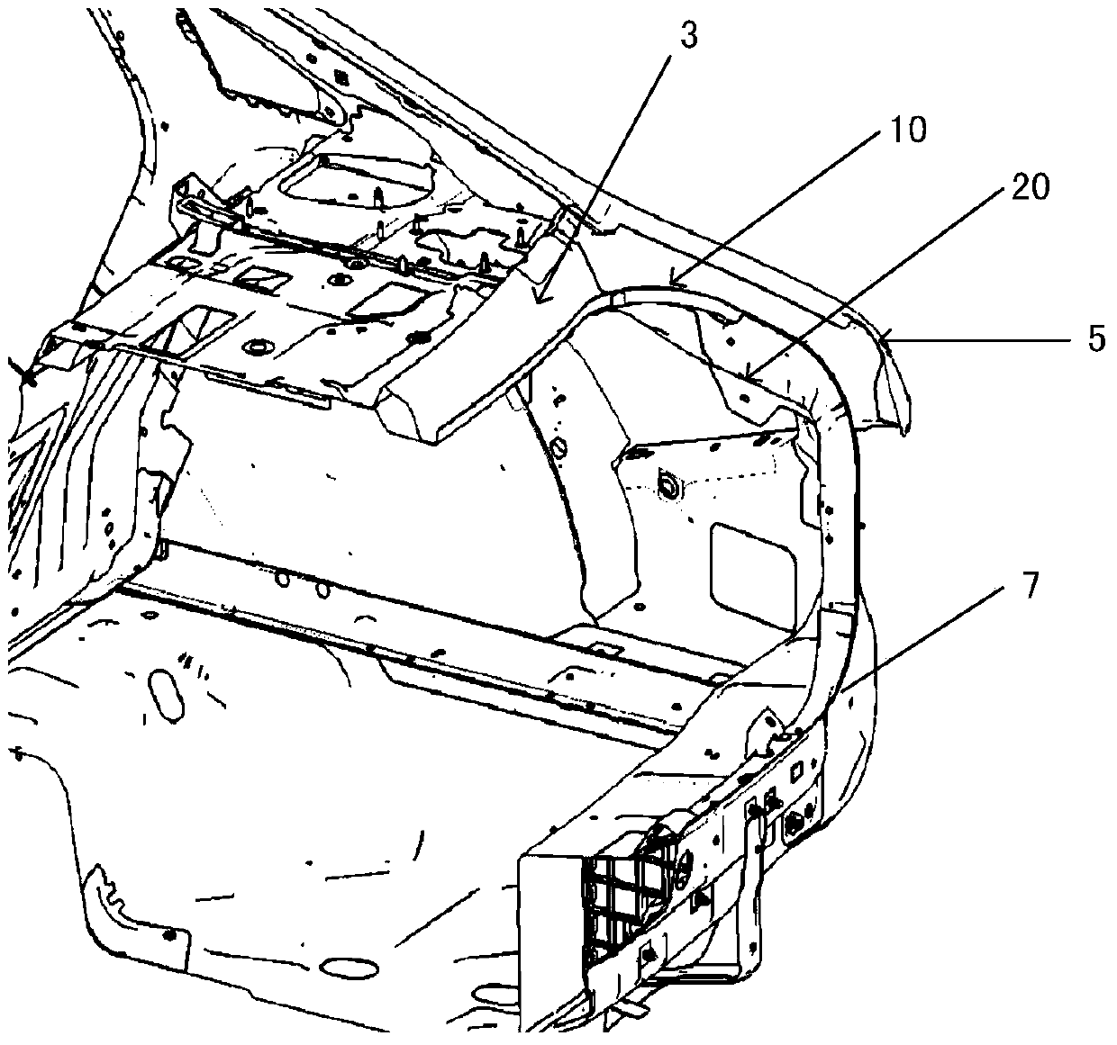 A reinforcement device for a rear body of a vehicle