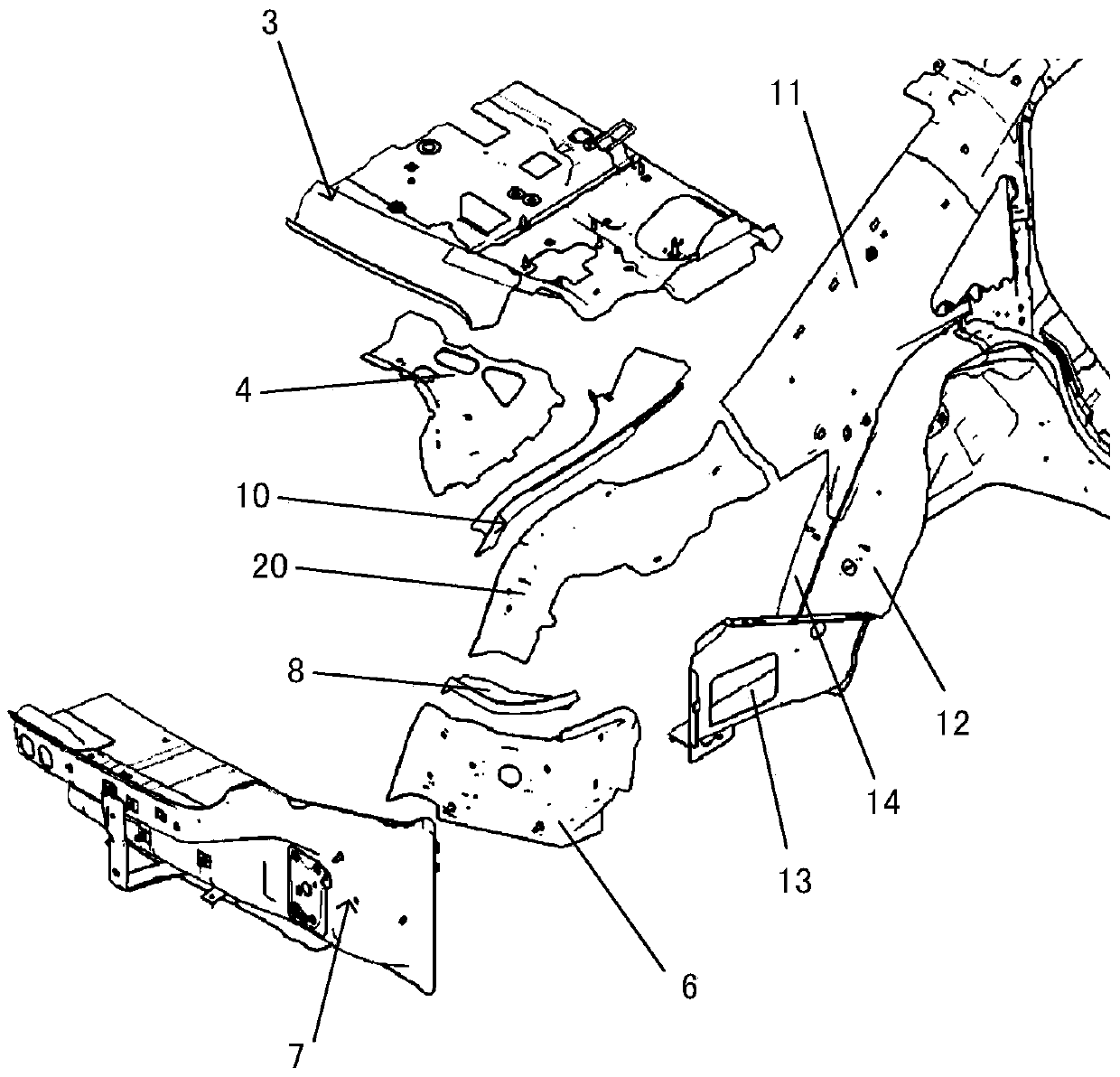 A reinforcement device for a rear body of a vehicle