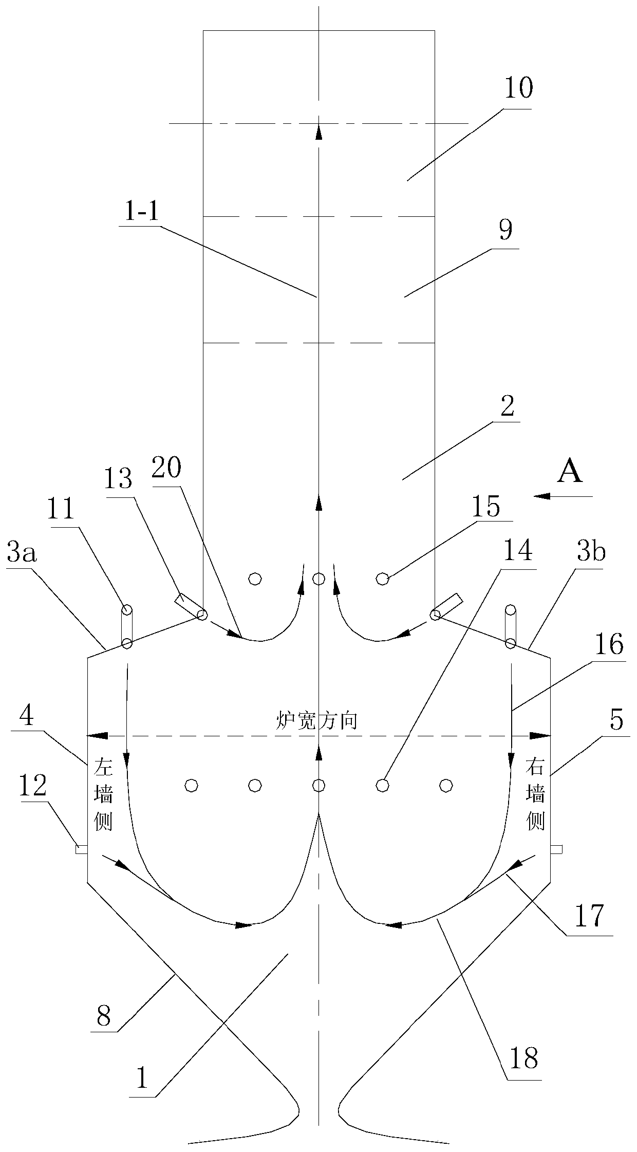 A low-nitrogen high-efficiency burn-out w-flame boiler dominated by side walls with symmetrical combustion