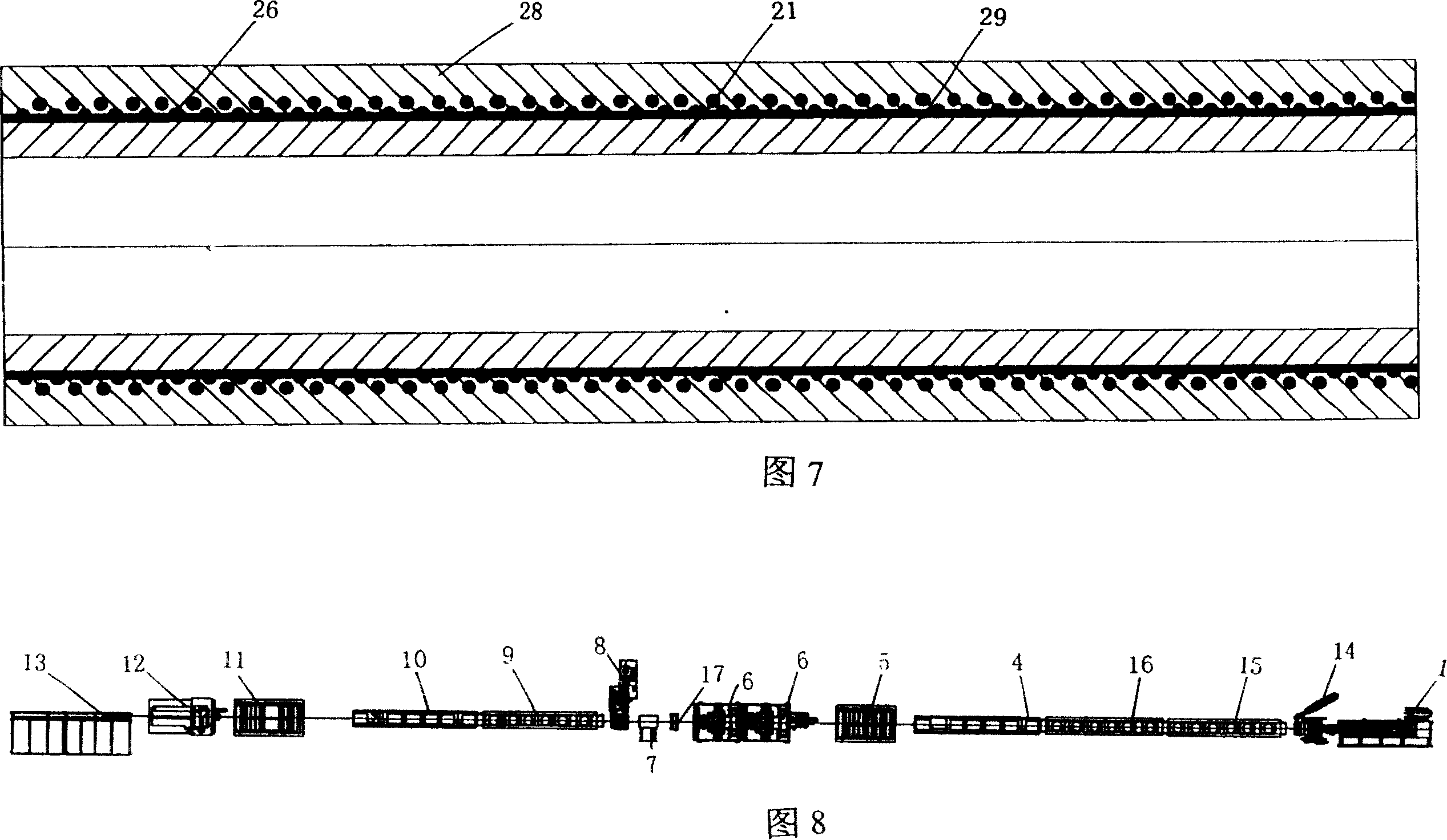 Method and apparatus for mfg. screw winded or braided steel wire enhanced composite plastic pipe material