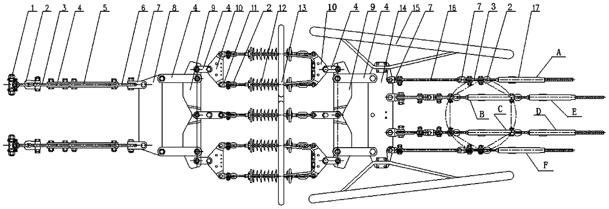 Tension string of five-connected double-hanging point insulators