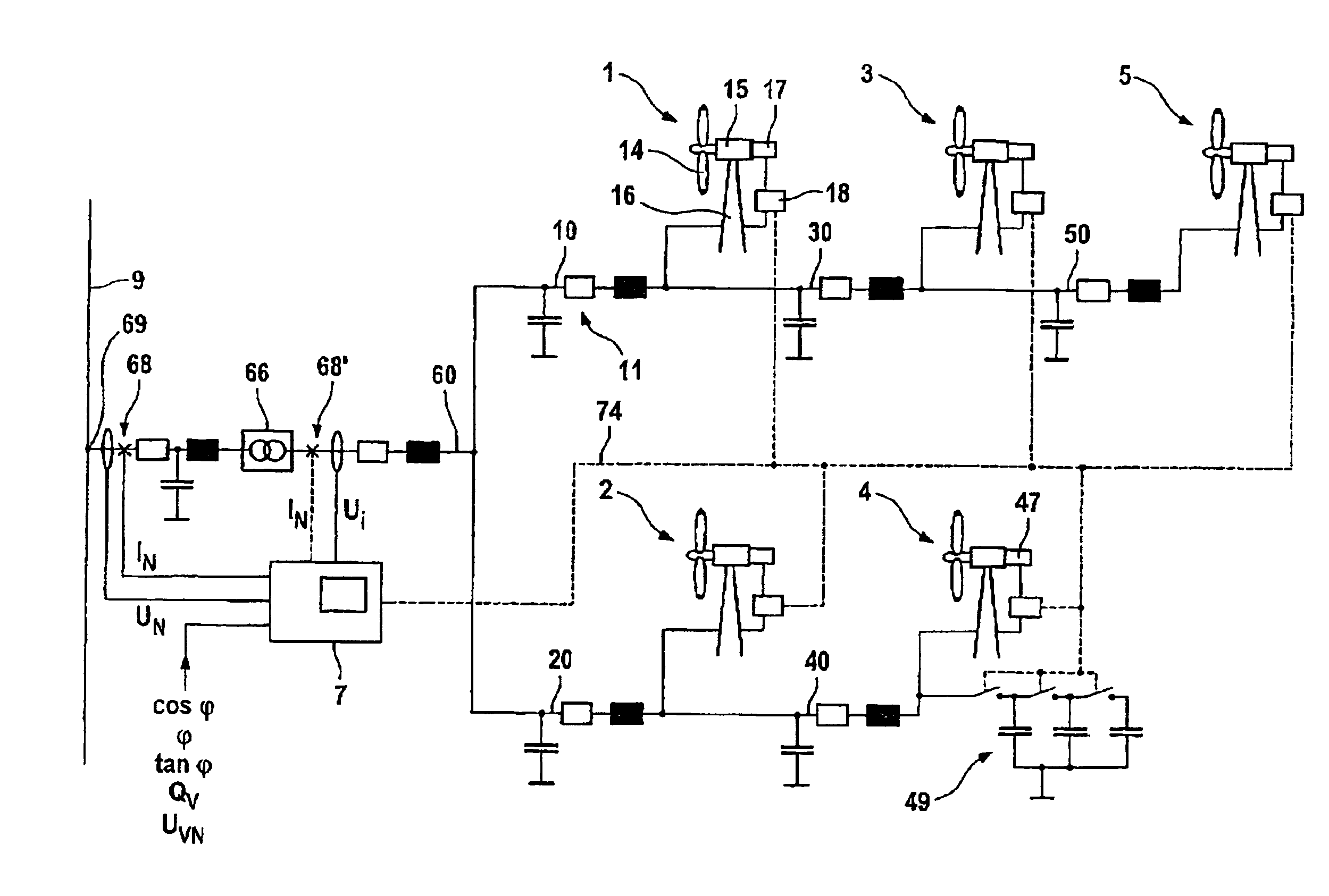 Wind park with robust reactive power adjustment system and method for the operation thereof