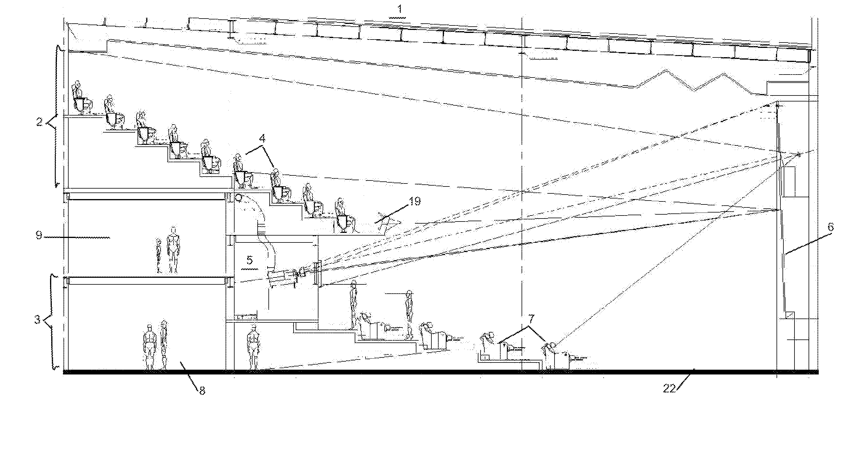 Single-screen multiple-tier movie picture theater having separate service class sections