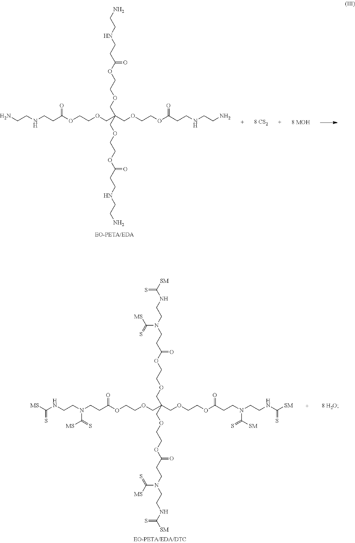 Ethoxylated pentaerythritol core hyperbranched polymer with dithiocarboxylate as side group and terminal group and applications of chelating heavy metals