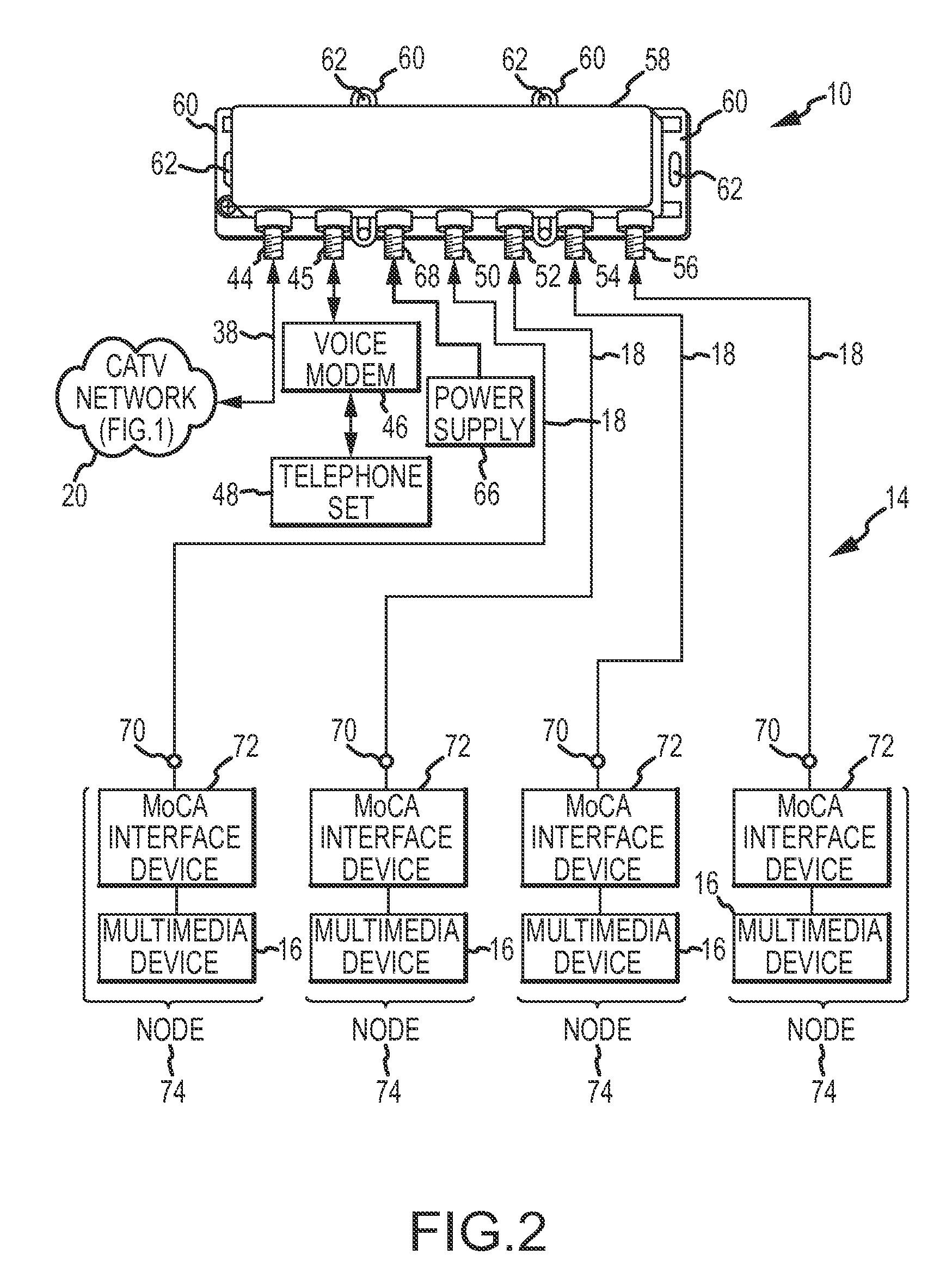Multi-port entry adapter, hub and method for interfacing a CATV network and a MoCA network