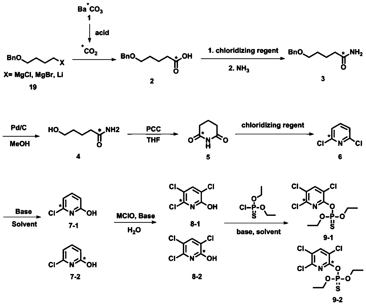 A kind of insecticide chlorpyrifos labeled with radioactive isotope carbon-14 and its synthesis method