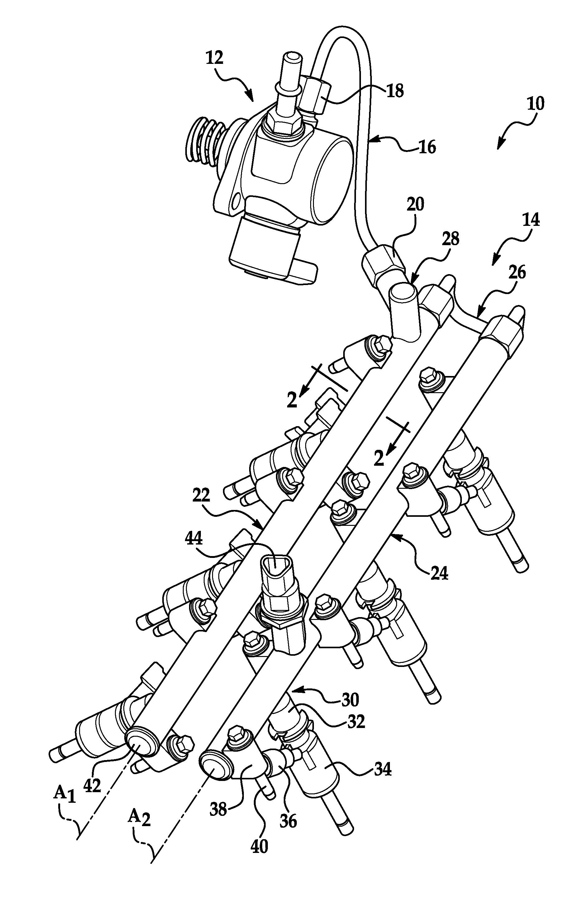 Internal secondary fuel rail orifice