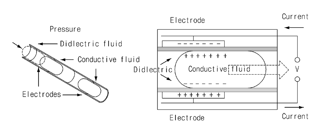 Flexible energy conversion device using liquid