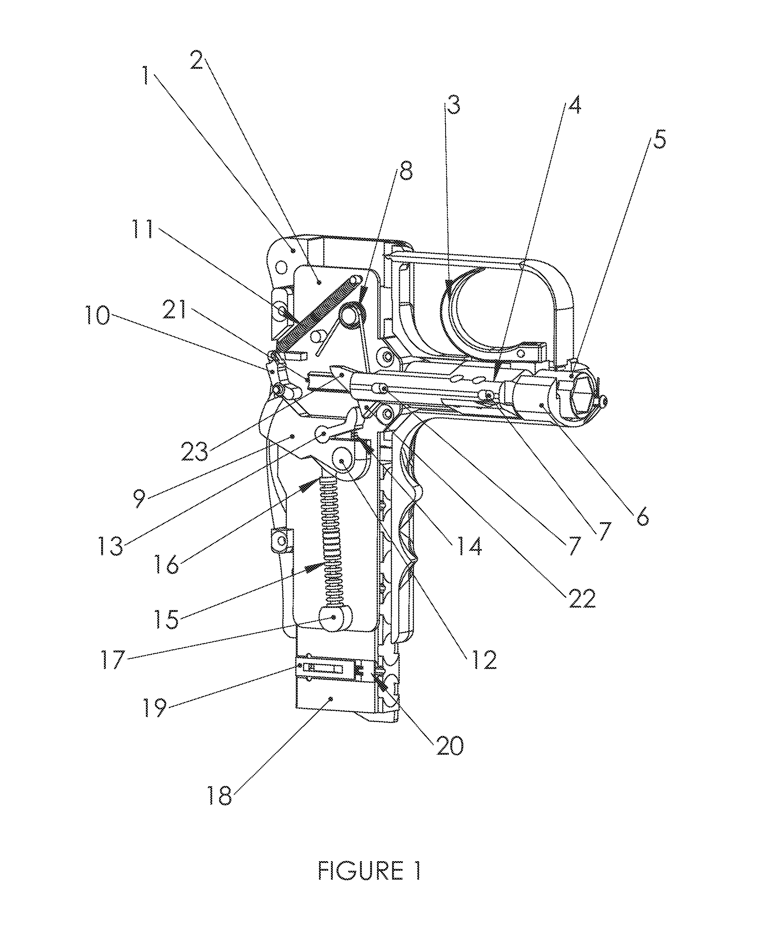 Handheld firearms with indexed magazine and compact firing mechanism