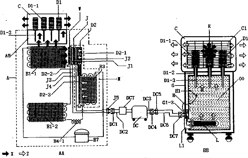 Refrigerator-type cold/warm air conditioning-power generating and showering multifunctional system device