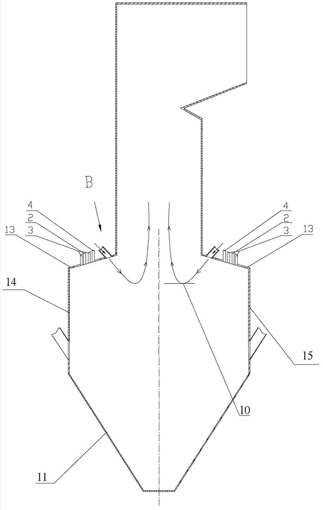 W-shaped flame boiler gap type OFA (over fire air) device arranged above arch wing wall