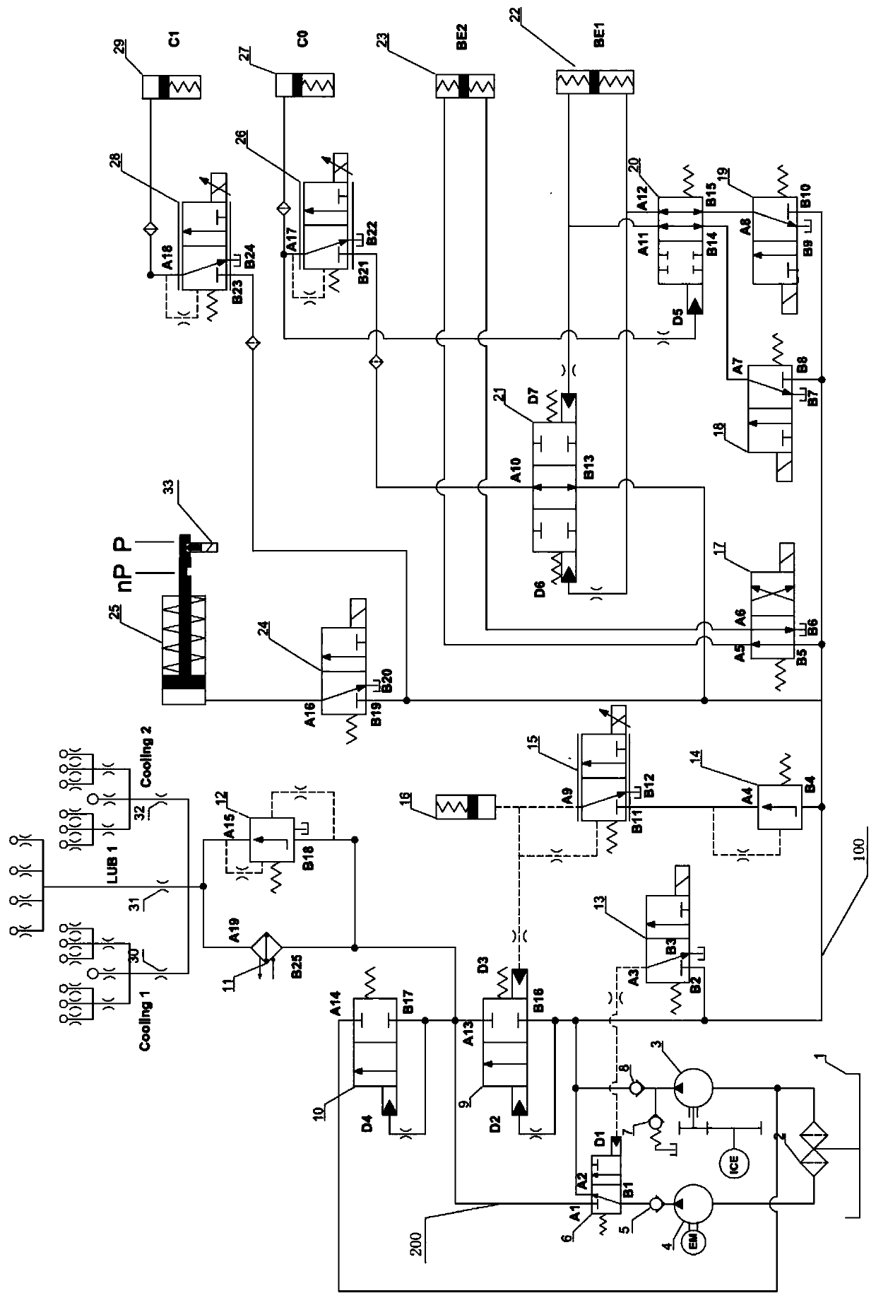 Hydraulic gear-shifting and cooling lubrication system used for hybrid-power transmission