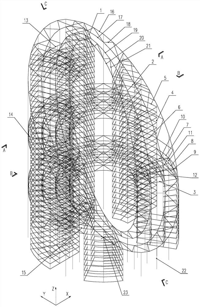 Method and application of a multi-directional truss-frame-core tube combination super high-rise structure with O-shaped chamfered edges