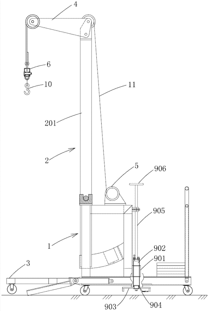 Multi-functional handling equipment for substations with adjustable longitudinal arm swing and hoisting with hooks
